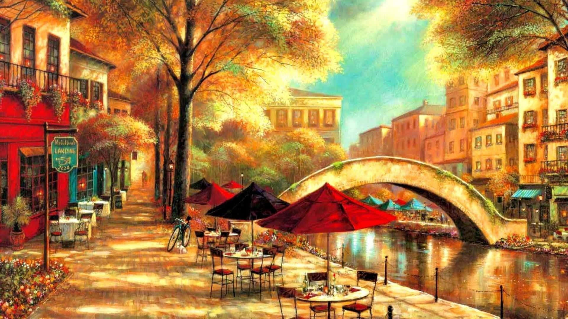 Fine Arts 桌布 壁紙 — 充滿活力的秋日運河場景，有紅色雨傘、石橋和溫暖的金色光線在水面上反射。