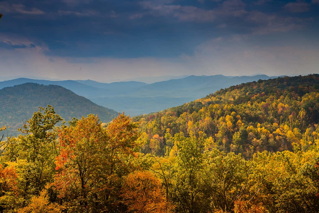 Blue Ridge Parkway 桌布 壁紙 — 充滿活力的秋葉覆蓋著起伏的山丘，天空多雲而戲劇化，遠方山脈連綿。