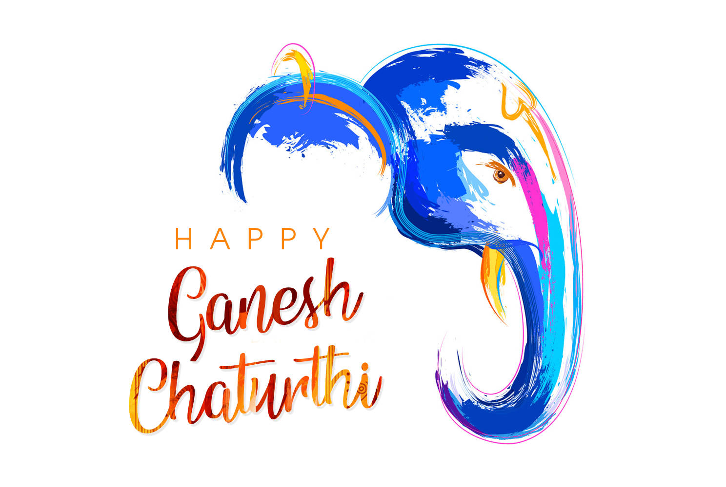 Ganesh 桌布 壁紙 — 充滿活力的筆觸插圖，描繪藍色大象頭部，搭配金色文字慶祝象神節。