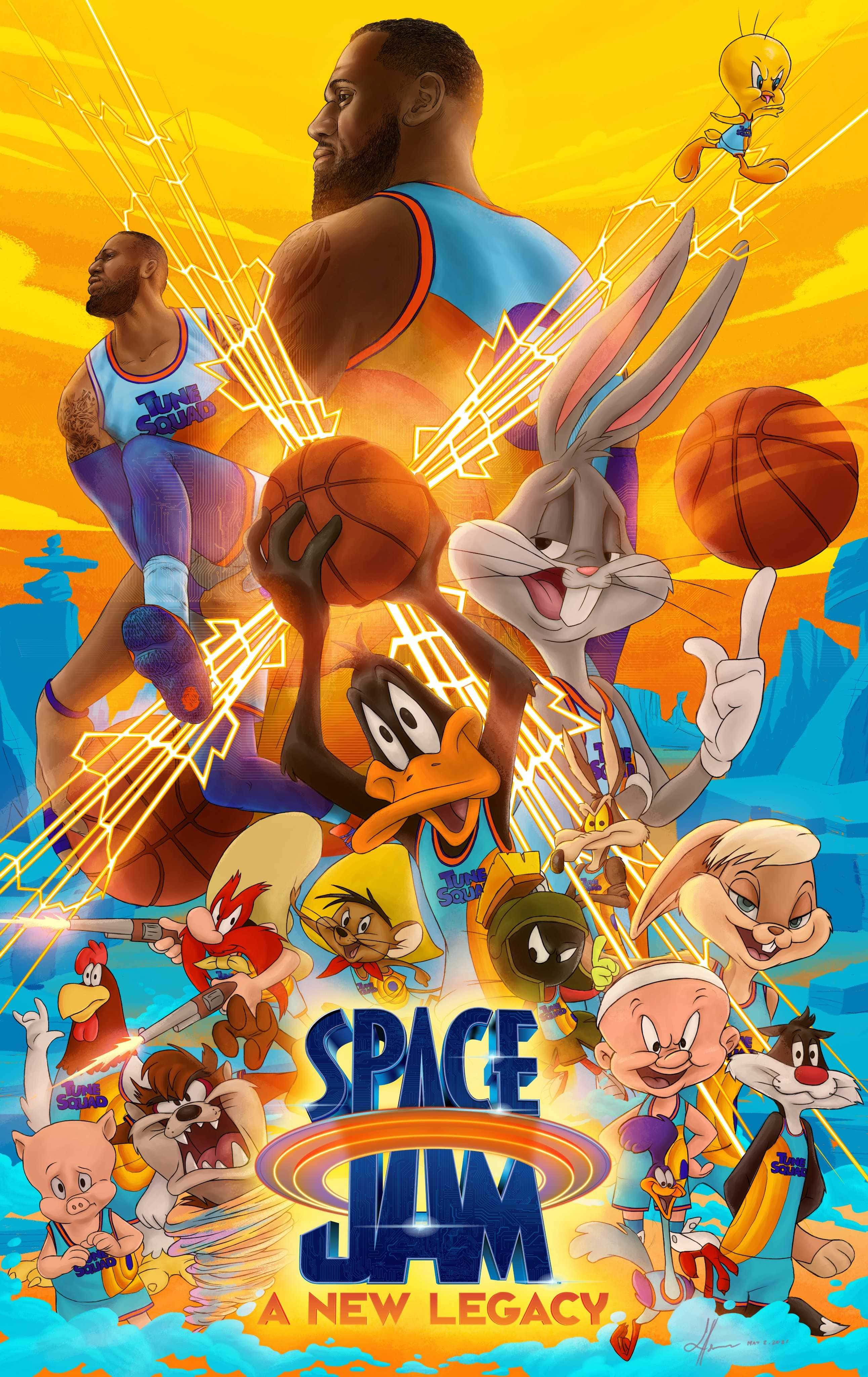 Space Jam 桌布 壁紙 — 充滿活力的籃球英雄和樂一通角色在充滿活力的黃色和藍色宇宙背景下跳躍和擺姿勢。