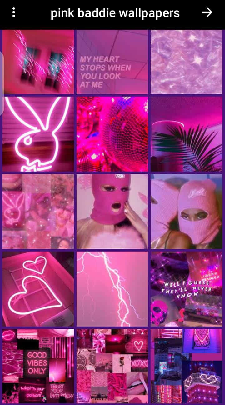 baddie 桌布 壁紙 — 充滿活力的粉紅和紫色霓虹燈拼貼畫， featuring 兔子標誌、閃電和蒙面人物，展現大膽的夜生活美學。
