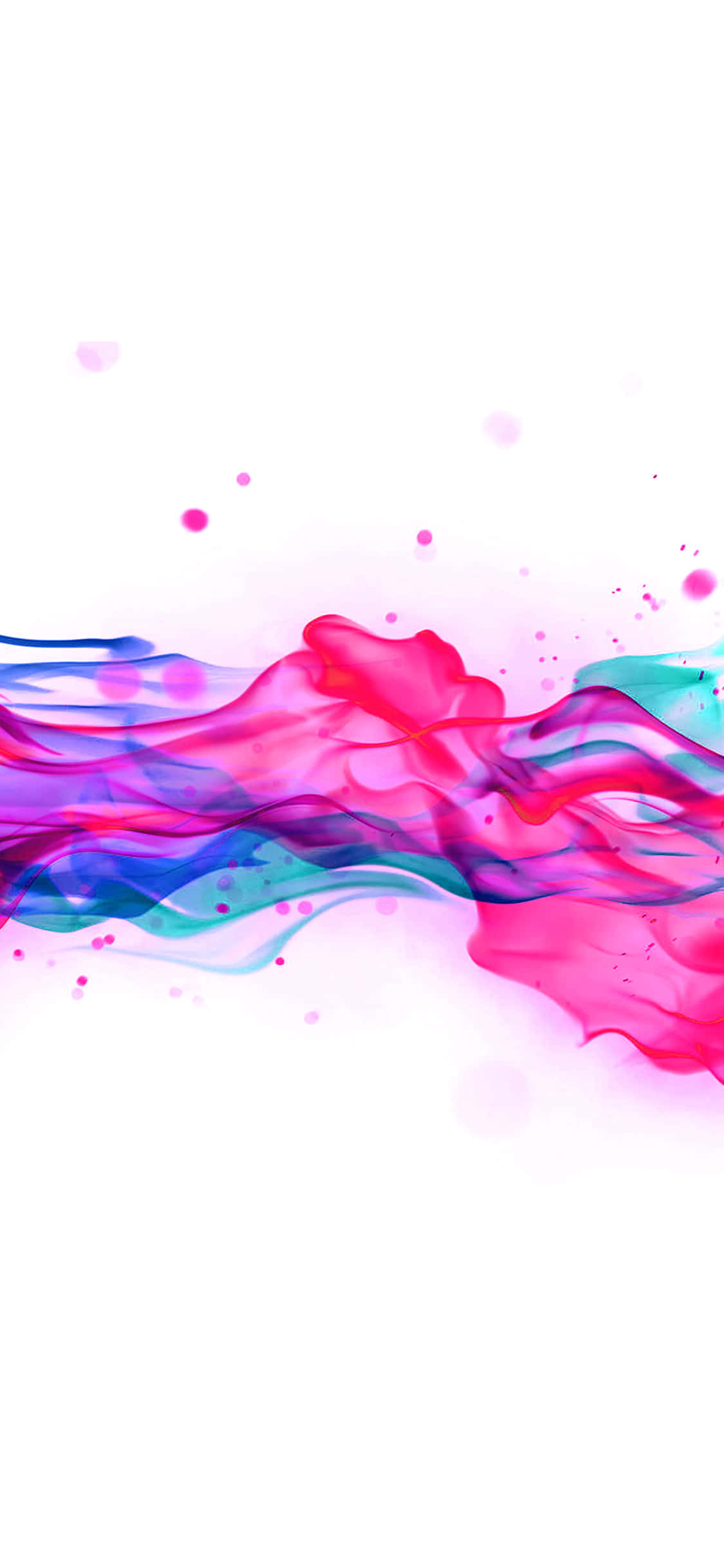 Color Phone 桌布 壁紙 — 充滿活力的粉紅色、藍色和紫色墨水漩渦在乾淨的白色背景上動態流動，帶有散落的水滴。