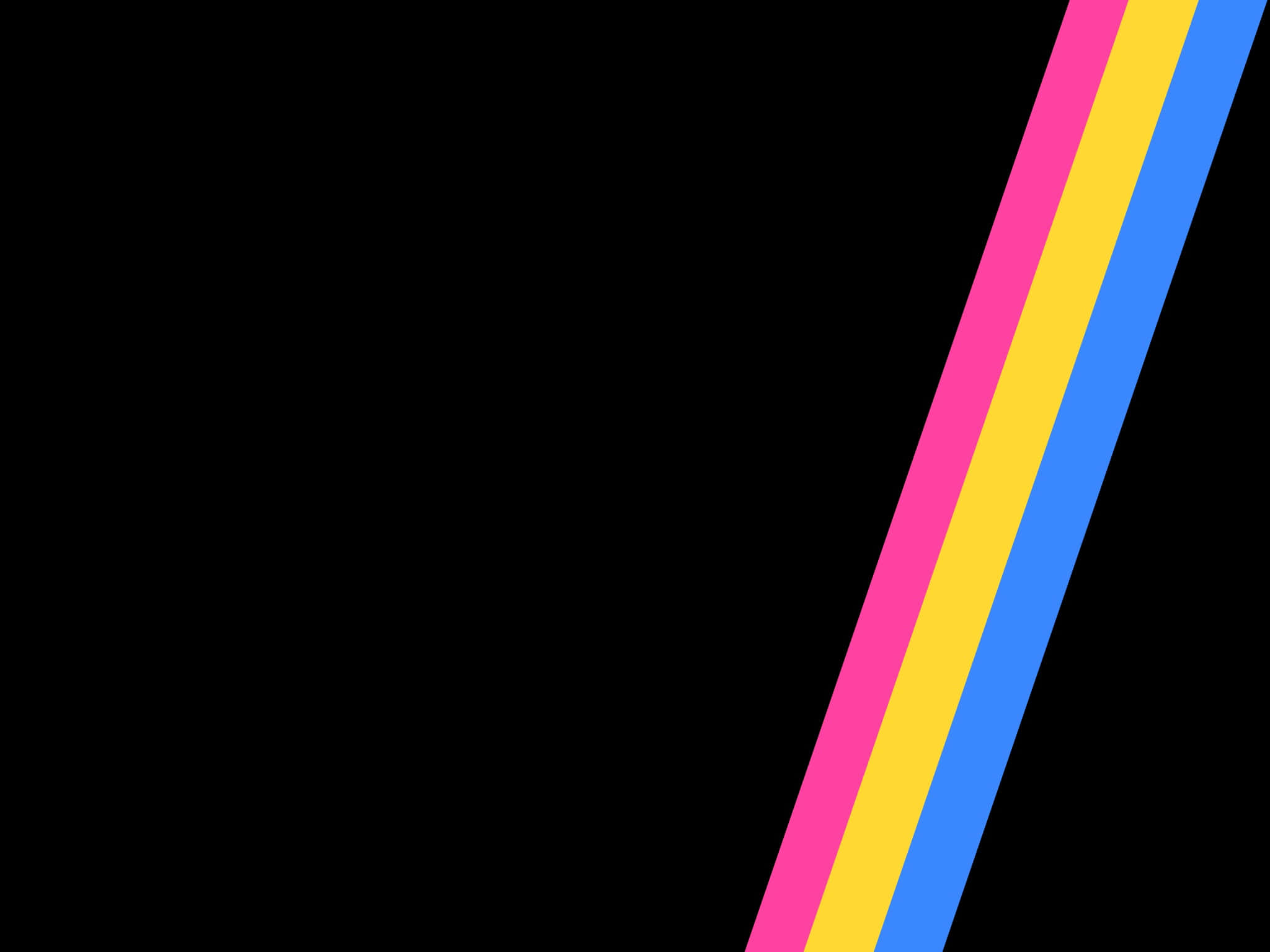 Pansexual 桌布 壁紙 — 充滿活力的粉紅色、黃色和藍色對角線條紋，在鮮明的黑色背景上形成大膽的圖形設計。