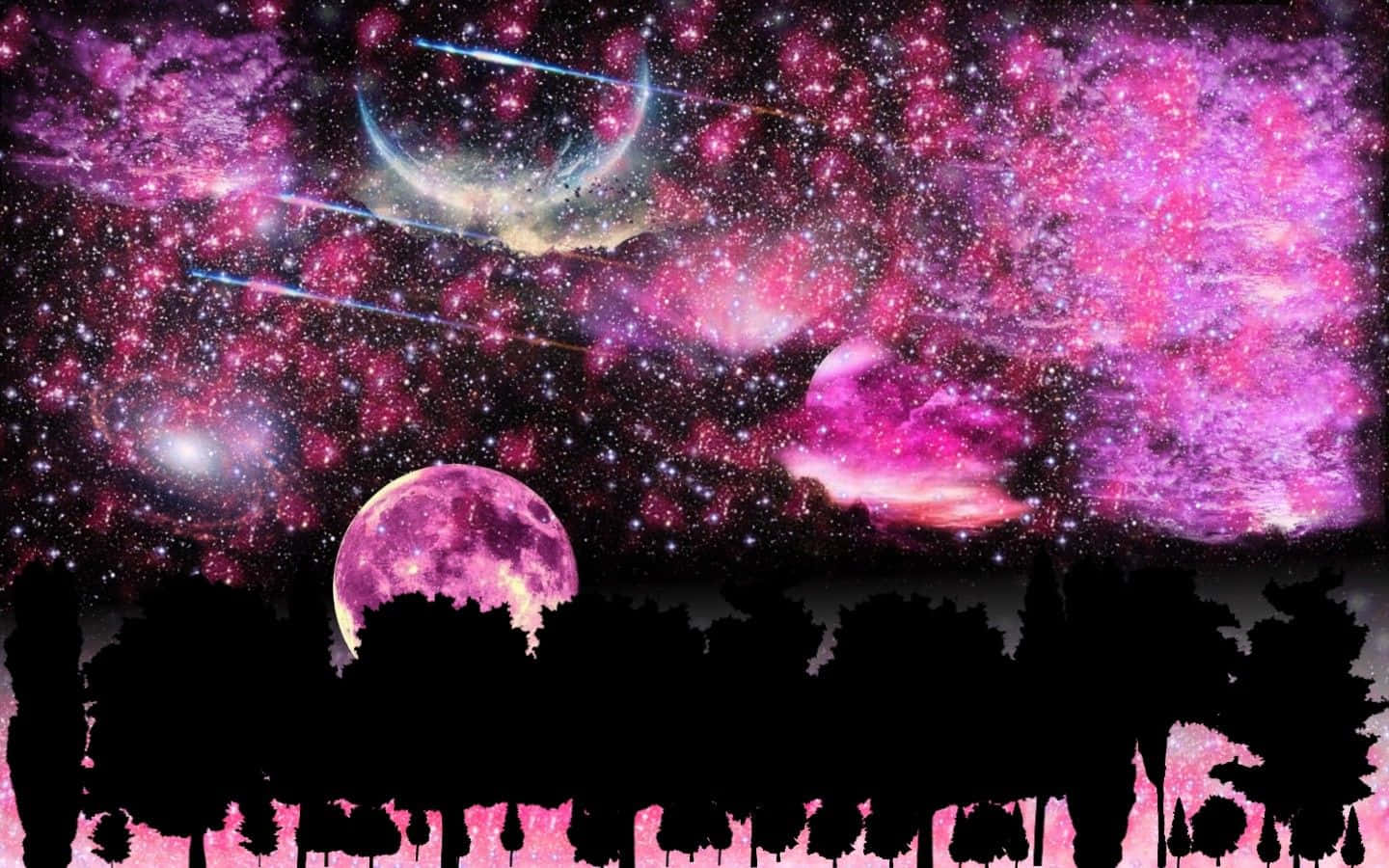 月亮與星星動畫 桌布 壁紙 — 充滿活力的粉紅色和紫色宇宙天空，發光的星雲和一個大月亮勾勒出下方森林的輪廓。