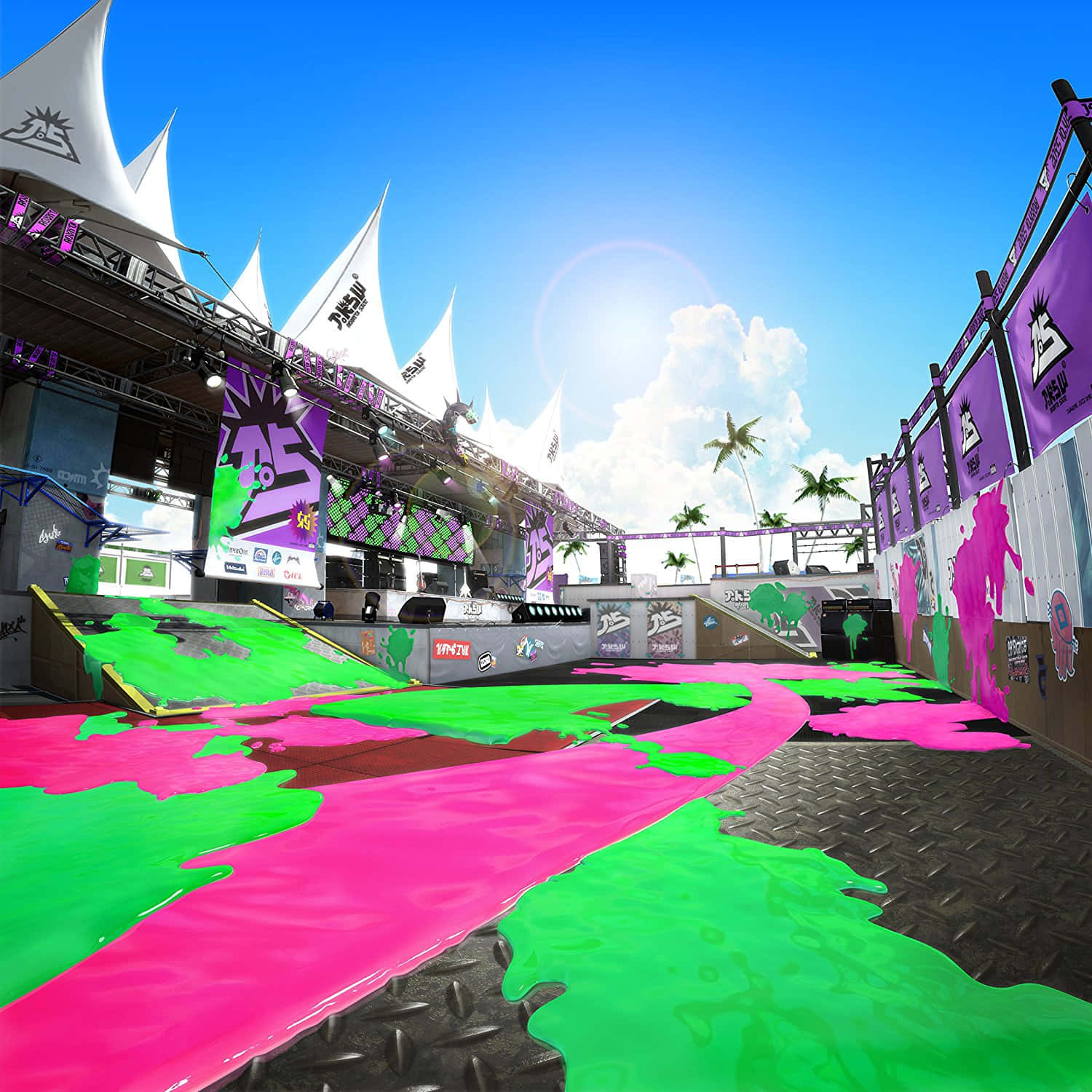 splatoon 桌布 壁紙 — 充滿活力的粉紅色和綠色黏液池覆蓋著一個滑板公園，在明亮的藍天下有棕櫚樹和紫色橫幅。