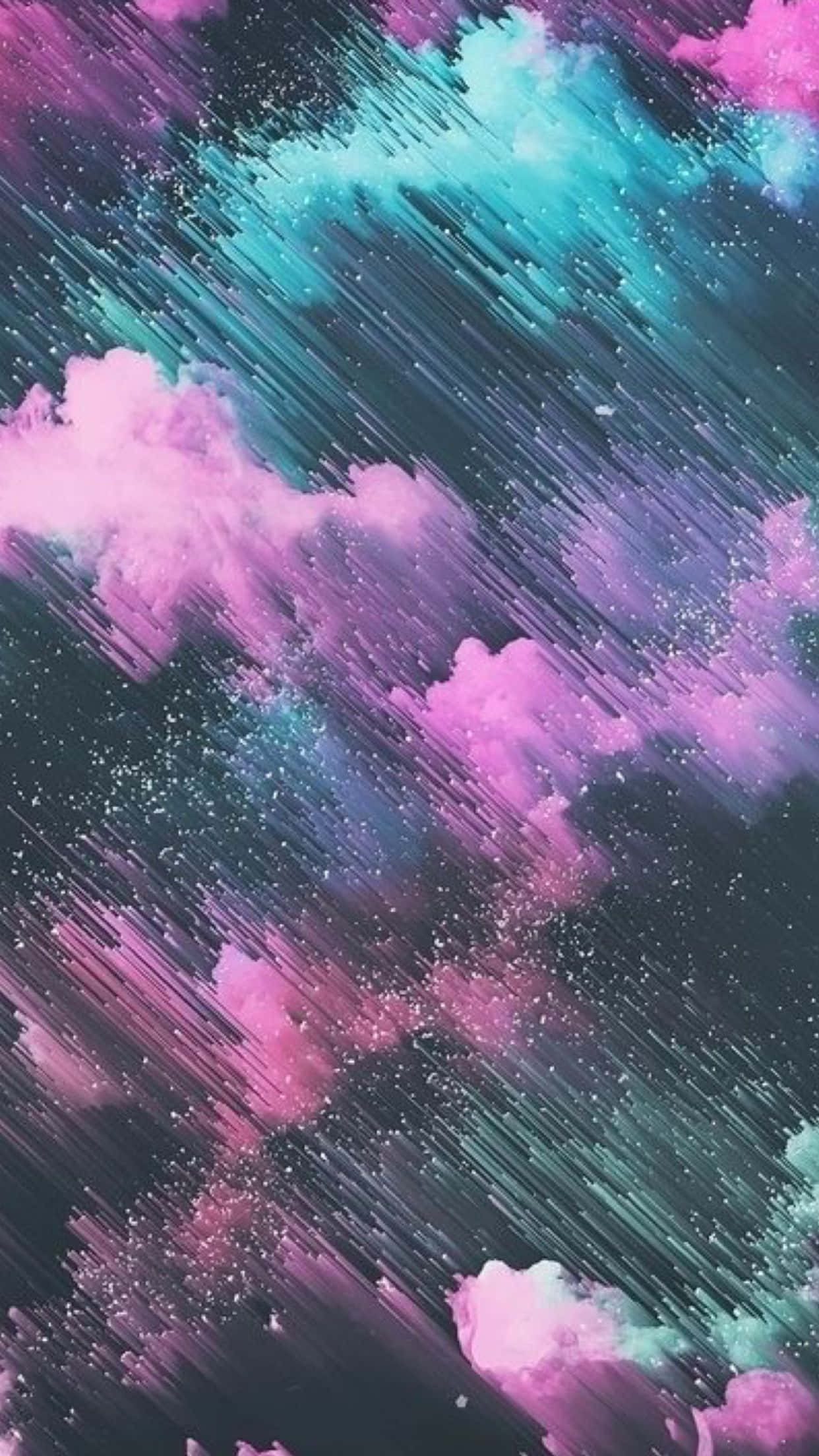 Pretty Phone 桌布 壁紙 — 充滿活力的粉紅色和藍綠色宇宙雲層劃過點綴著閃爍星星的黑暗天空。