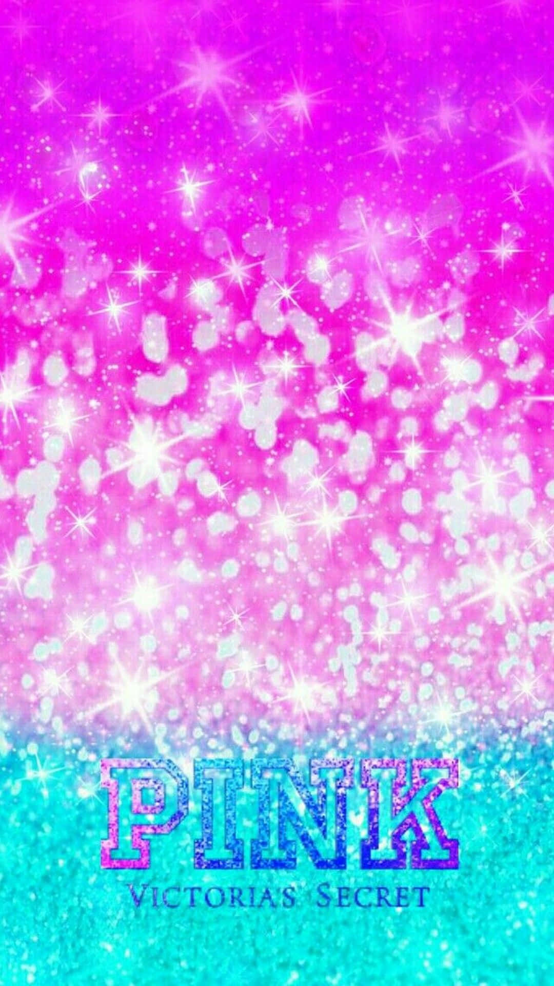 Victoria Secret 桌布 壁紙 — 充滿活力的粉紅色和藍綠色漸變壁紙，帶有閃閃發光的亮片和閃亮的文字PINK。