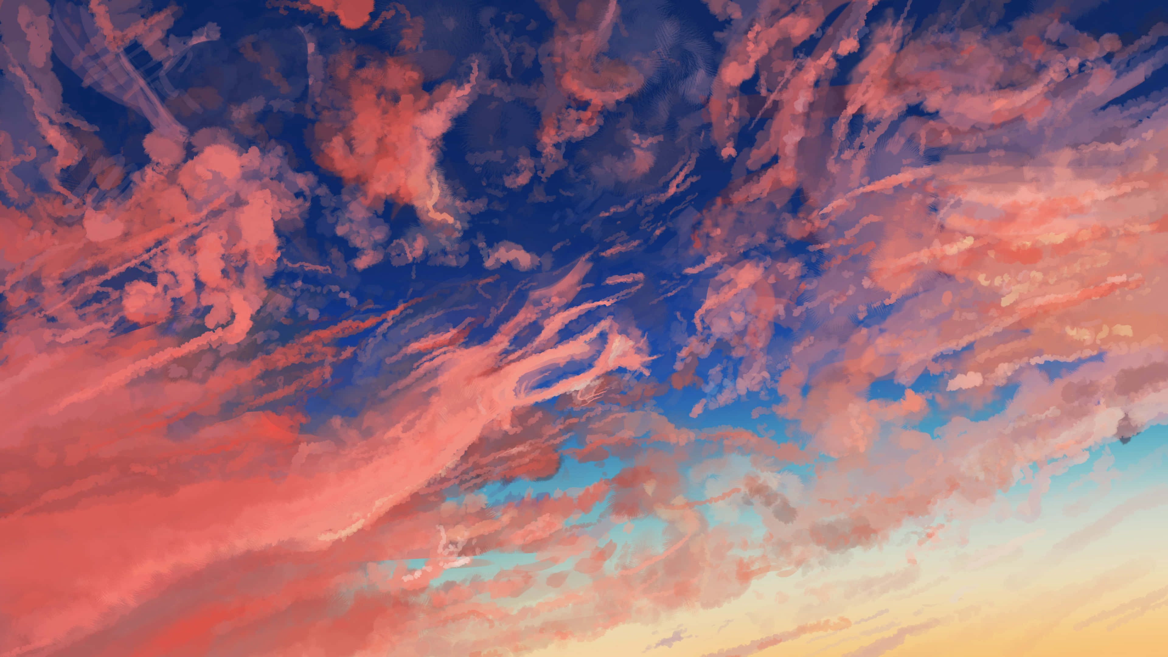Anime Sky 桌布 壁紙 — 充滿活力的粉紅色和藍色雲彩在暮色天空中戲劇性地旋轉，呈現出一幅畫家般的數位藝術作品。