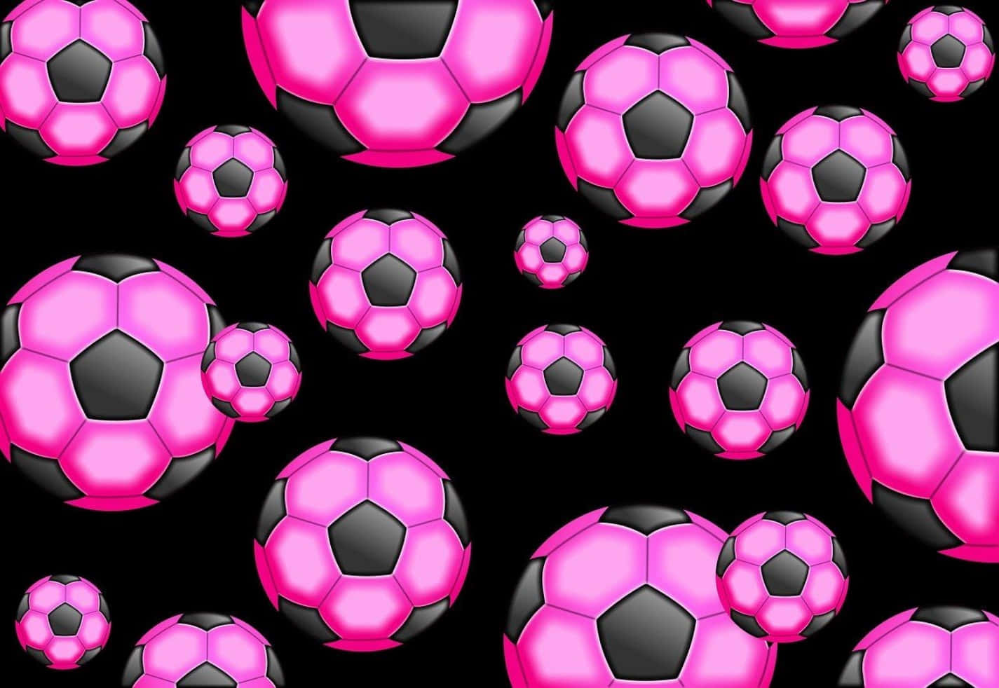 Pink Soccer Ball 桌布 壁紙 — 充滿活力的粉紅色和黑色足球在純黑色背景上以動態分散的圖案漂浮。
