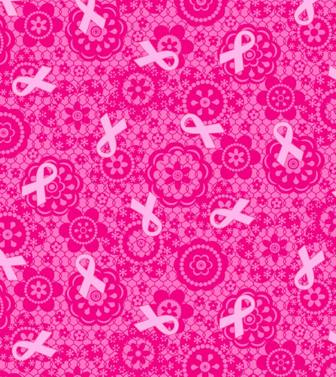 Pink Ribbon 桌布 壁紙 — 充滿活力的粉紅色壁紙，帶有重複的蕾絲花卉圖案和白色乳癌意識絲帶。