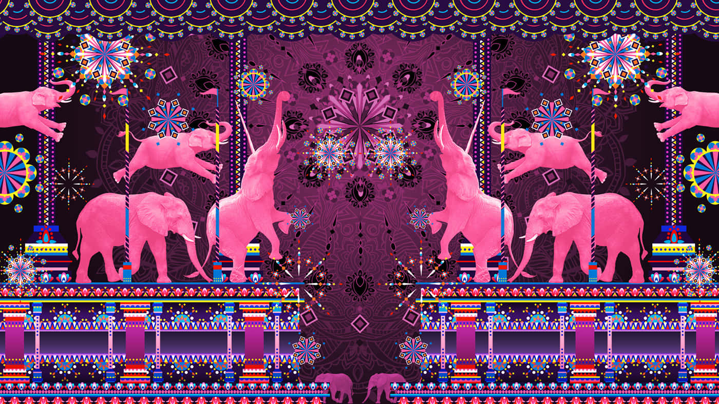 Pink Elephant 桌布 壁紙 — 充滿活力的粉紅色大象在迷幻紫色圖案背景上表演馬戲團動作，並帶有萬花筒般的裝飾。