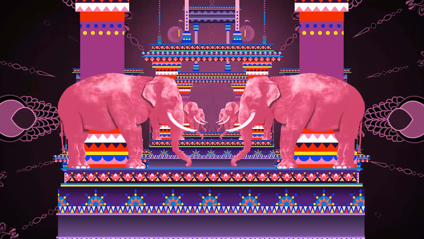 Pink Elephant 桌布 壁紙 — 充滿活力的粉紅色大象站在一個色彩繽紛、帶有幾何部落圖案的多層寺廟前，背景為深色。