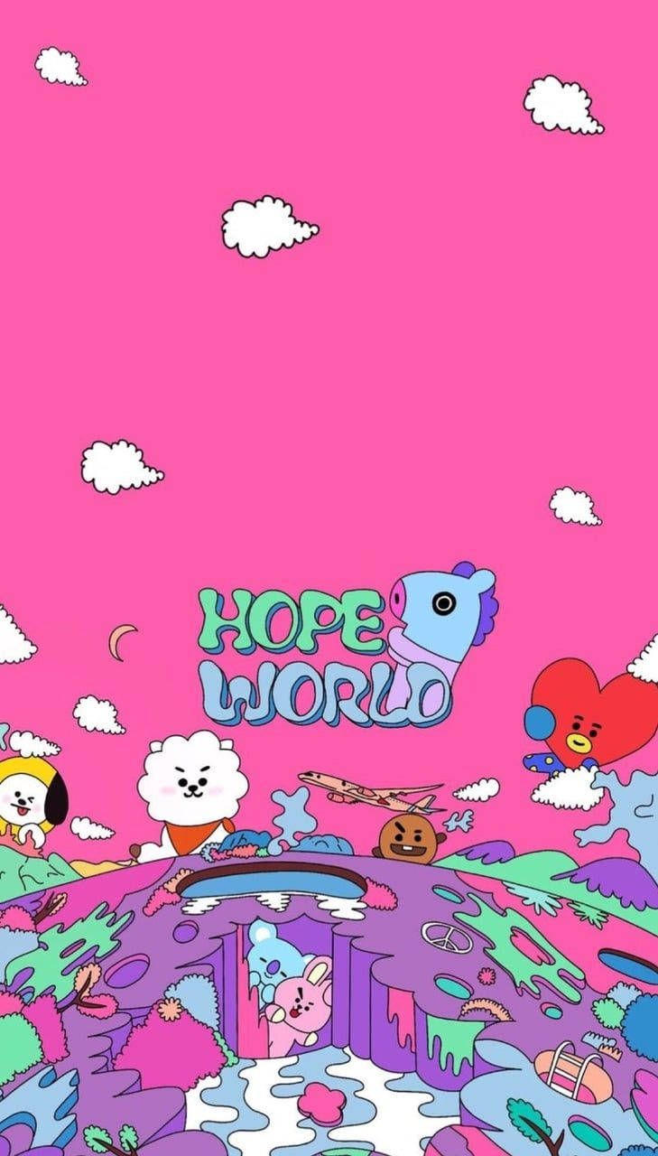 Cartoon 桌布 壁紙 — 充滿活力的粉紅色天空，卡通人物和 'HOPE WORLD' 標誌漂浮在色彩繽紛的超現實景觀之上。