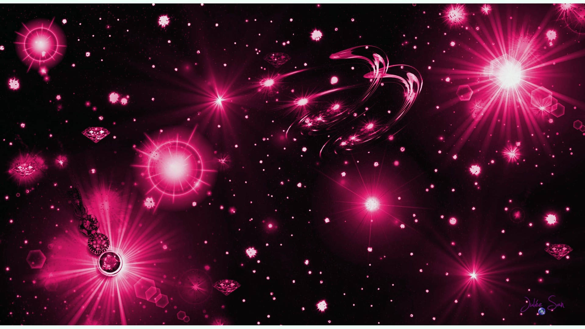  壁紙 — 充滿活力的粉紅色宇宙場景，有發光的星星、鑽石和旋轉星雲，背景是黑暗虛空。