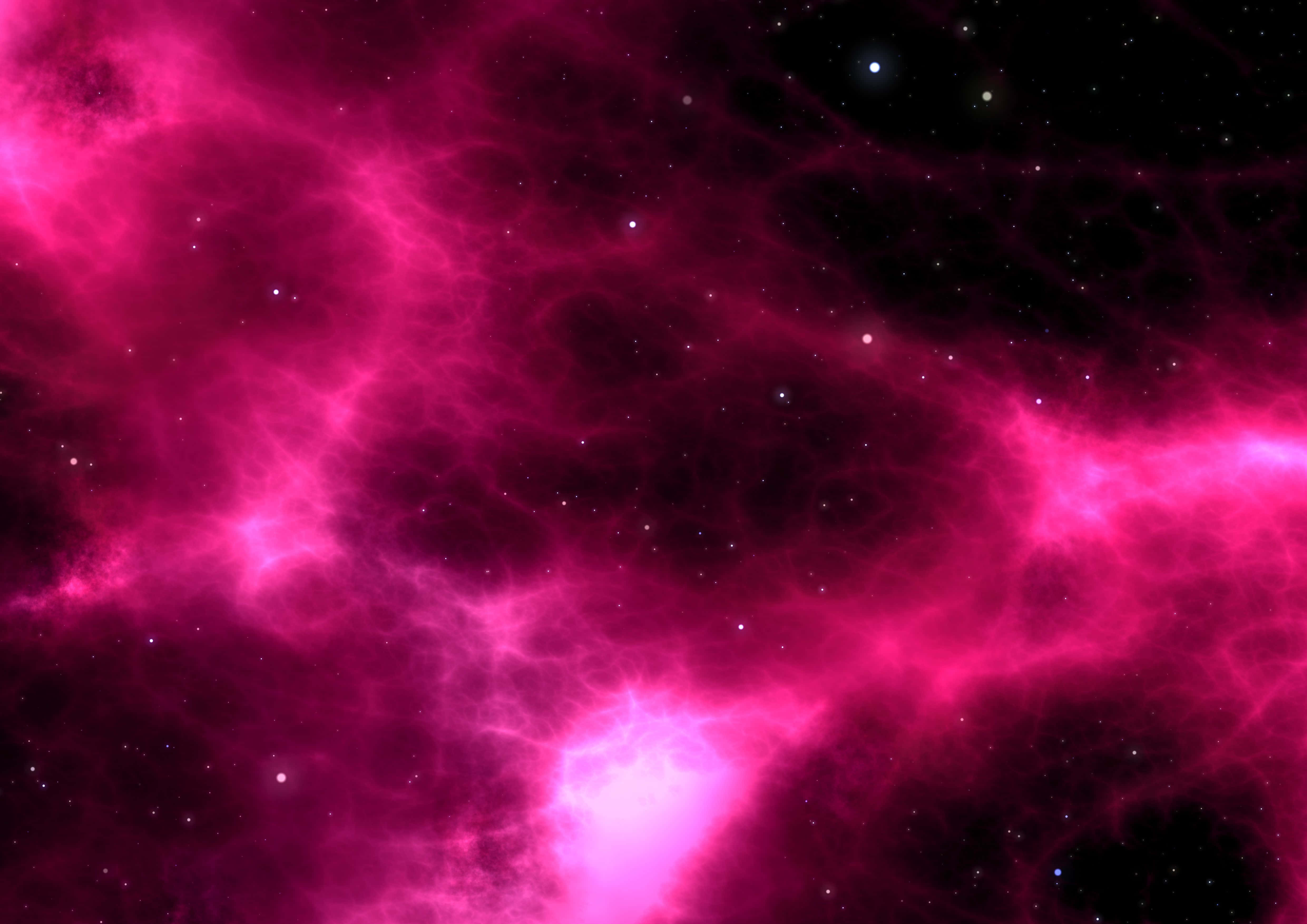 Pink Galaxy 桌布 壁紙 — 充滿活力的粉紅色宇宙星雲，發光的氣體雲和散落的星星在黑暗虛空中。