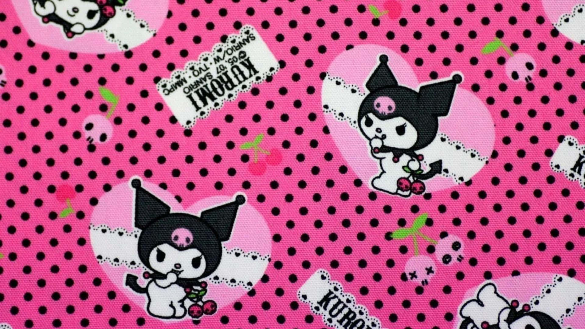 Kuromi Pattern 桌布 壁紙 — 充滿活力的粉紅色布料帶有黑色圓點，可愛的Kuromi角色在心形框架中拿著櫻桃。