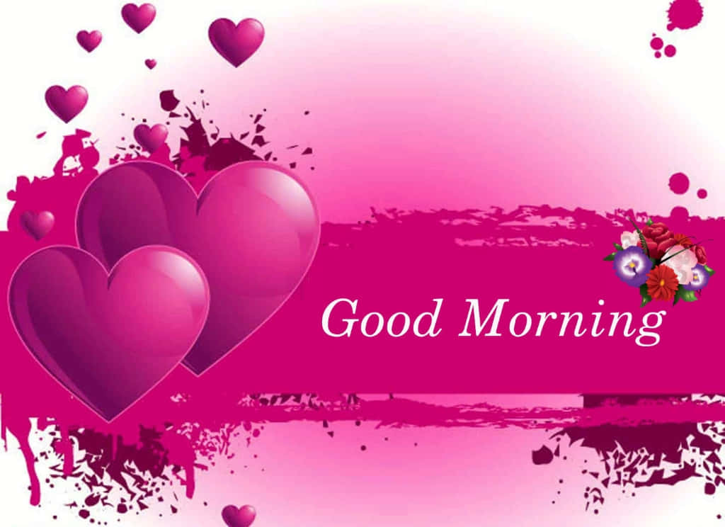  壁紙 — 充滿活力的粉紅色心形和花卉裝飾點綴著漸變背景，並帶有「早晨」文字。