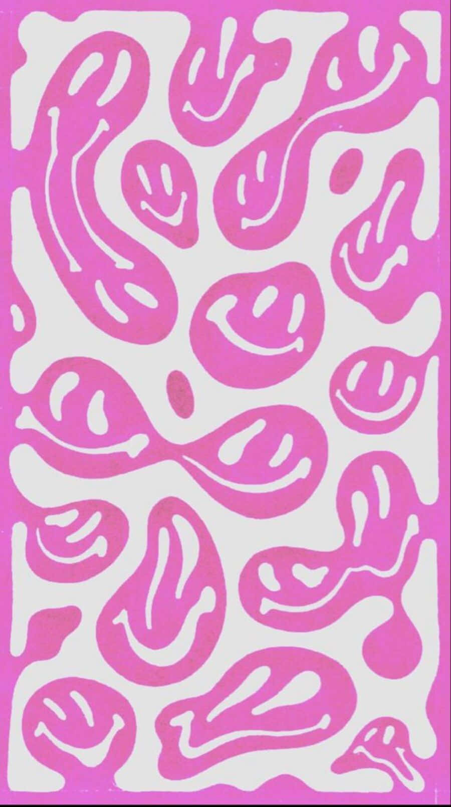 Aesthetic Smiley Face 桌布 壁紙 — 充滿活力的粉紅色抽象形狀，帶有微笑的臉孔，在淺灰色背景上以俏皮的重複圖案漂浮。