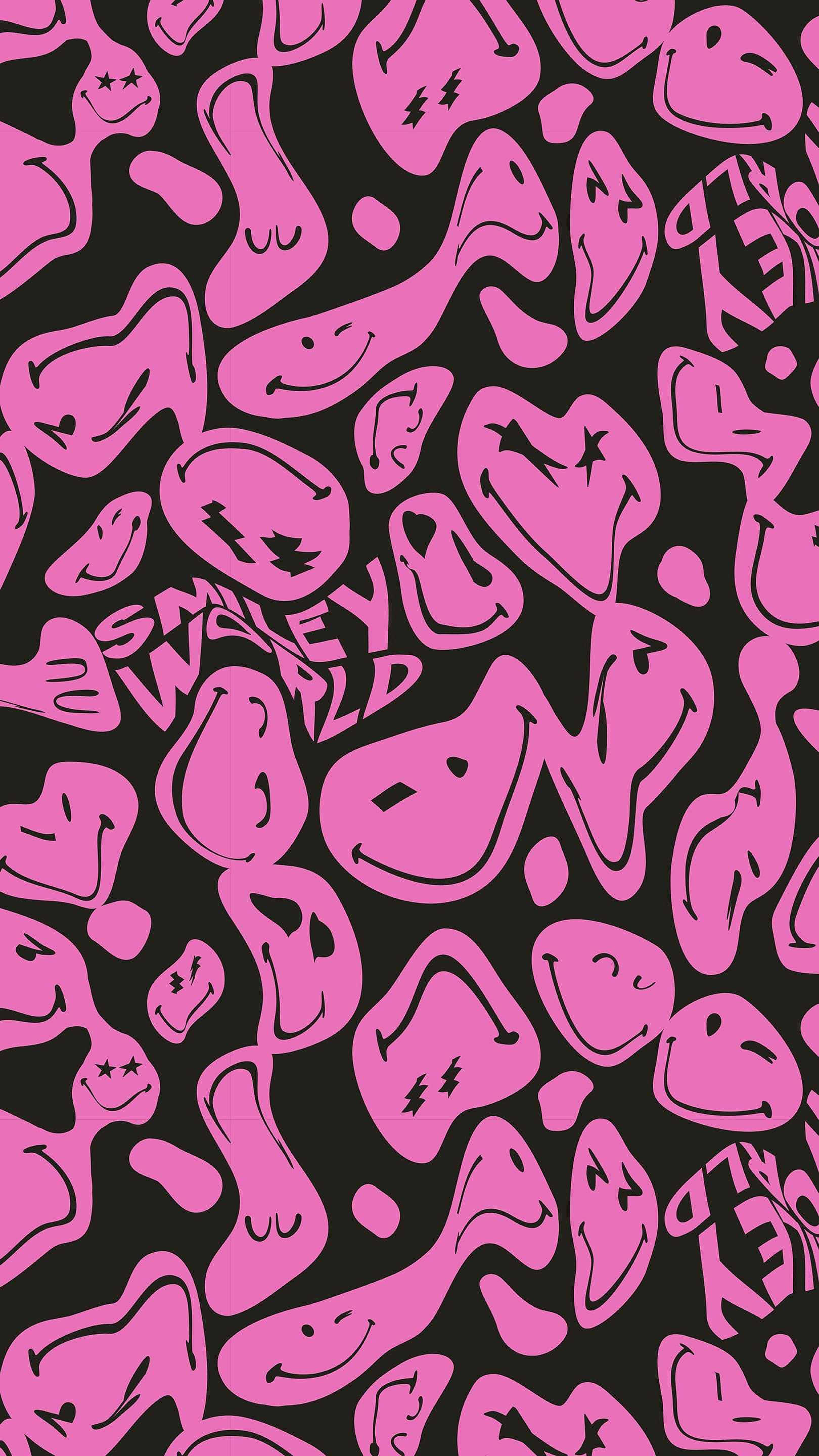 Aesthetic Smiley Face 桌布 壁紙 — 充滿活力的粉紅色抽象笑臉和文字在黑色背景上以俏皮混亂的圖案漂浮。