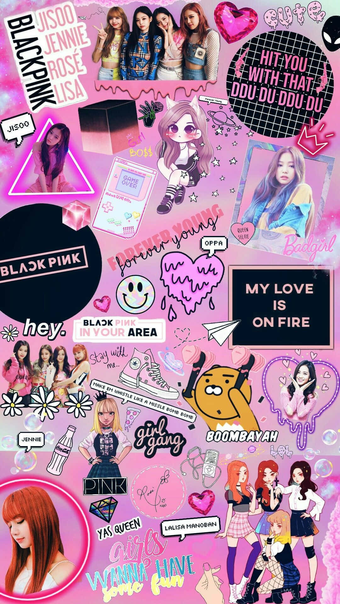 Kpop Kawaii 桌布 壁紙 — 充滿活力的粉紅色拼貼牆紙，以Blackpink成員、流行文化圖標和閃閃發光的塗鴉為特色，風格混亂而年輕。