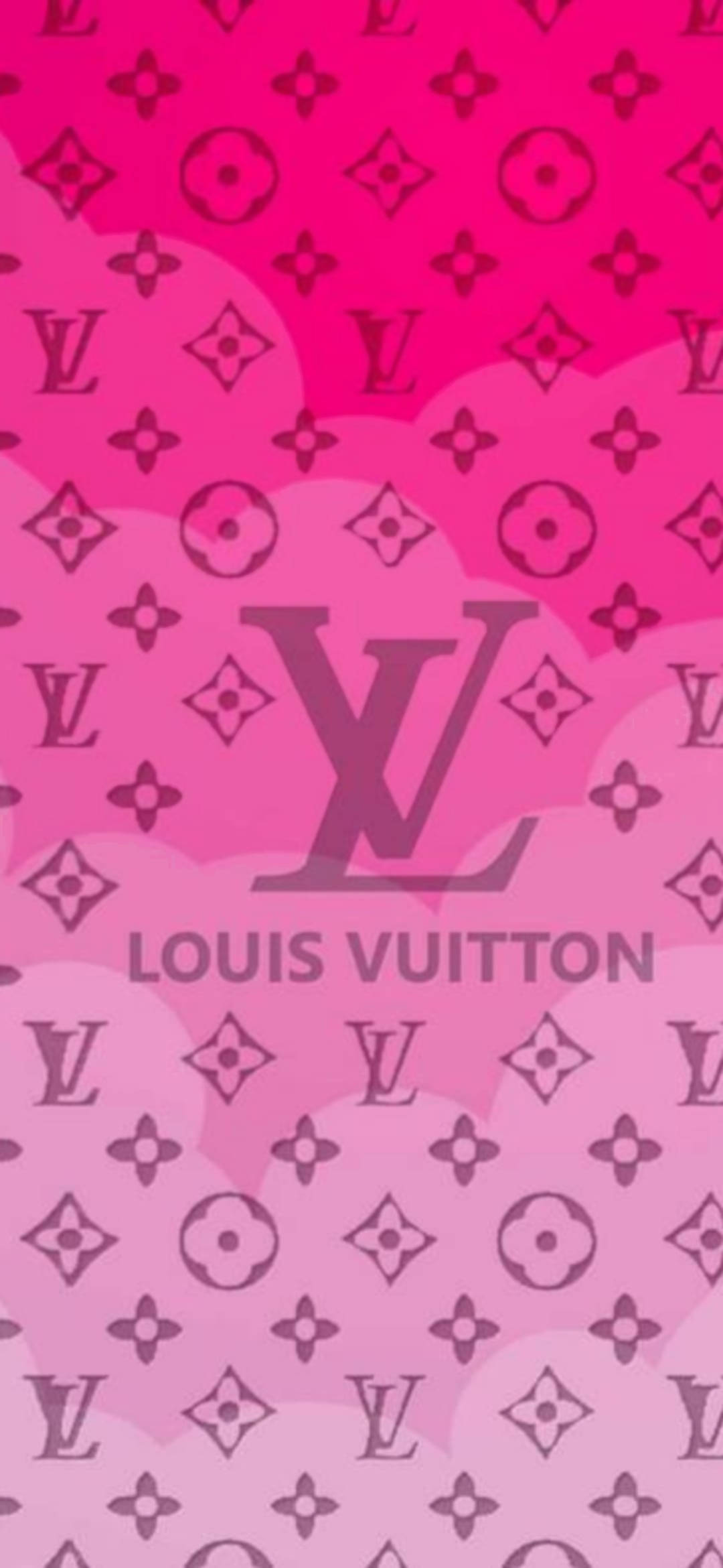 路易威登 桌布 壁紙 — 充滿活力的粉紅色漸變牆紙，帶有重複的 Louis Vuitton 字母圖案和中央 LV 標誌。