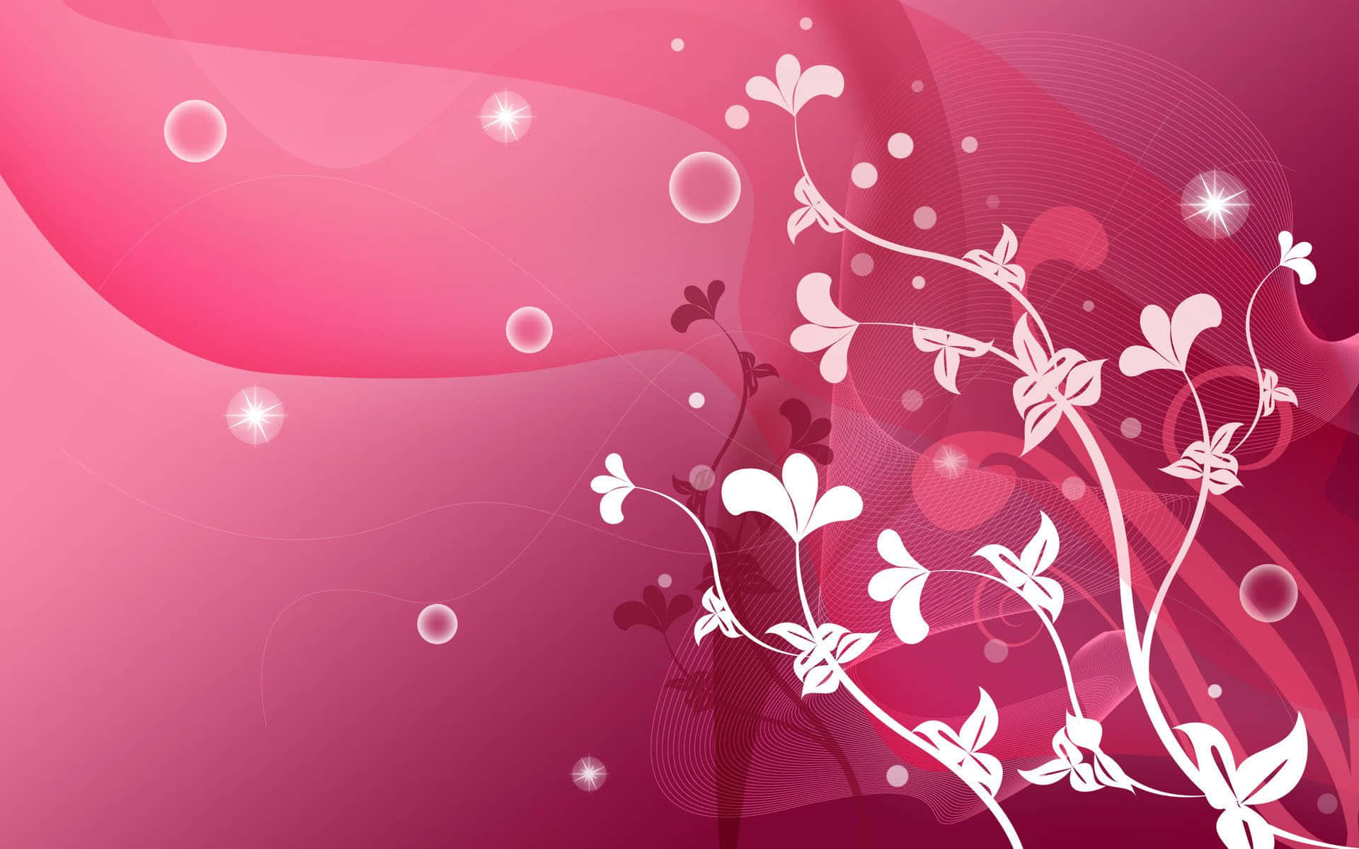 Pink Abstract 桌布 壁紙 — 充滿活力的粉紅色漸變背景，飾以優雅的白色花卉藤蔓和閃爍的光效。