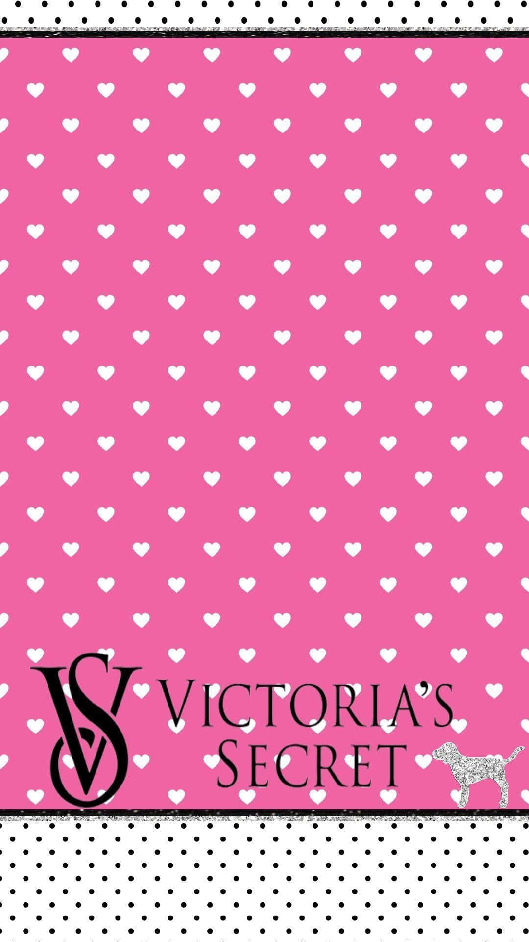 Victoria's Secret 桌布 壁紙 — 充滿活力的粉紅色牆紙，帶有白色心形圖案和維多利亞的秘密標誌，鑲有黑白圓點邊框。