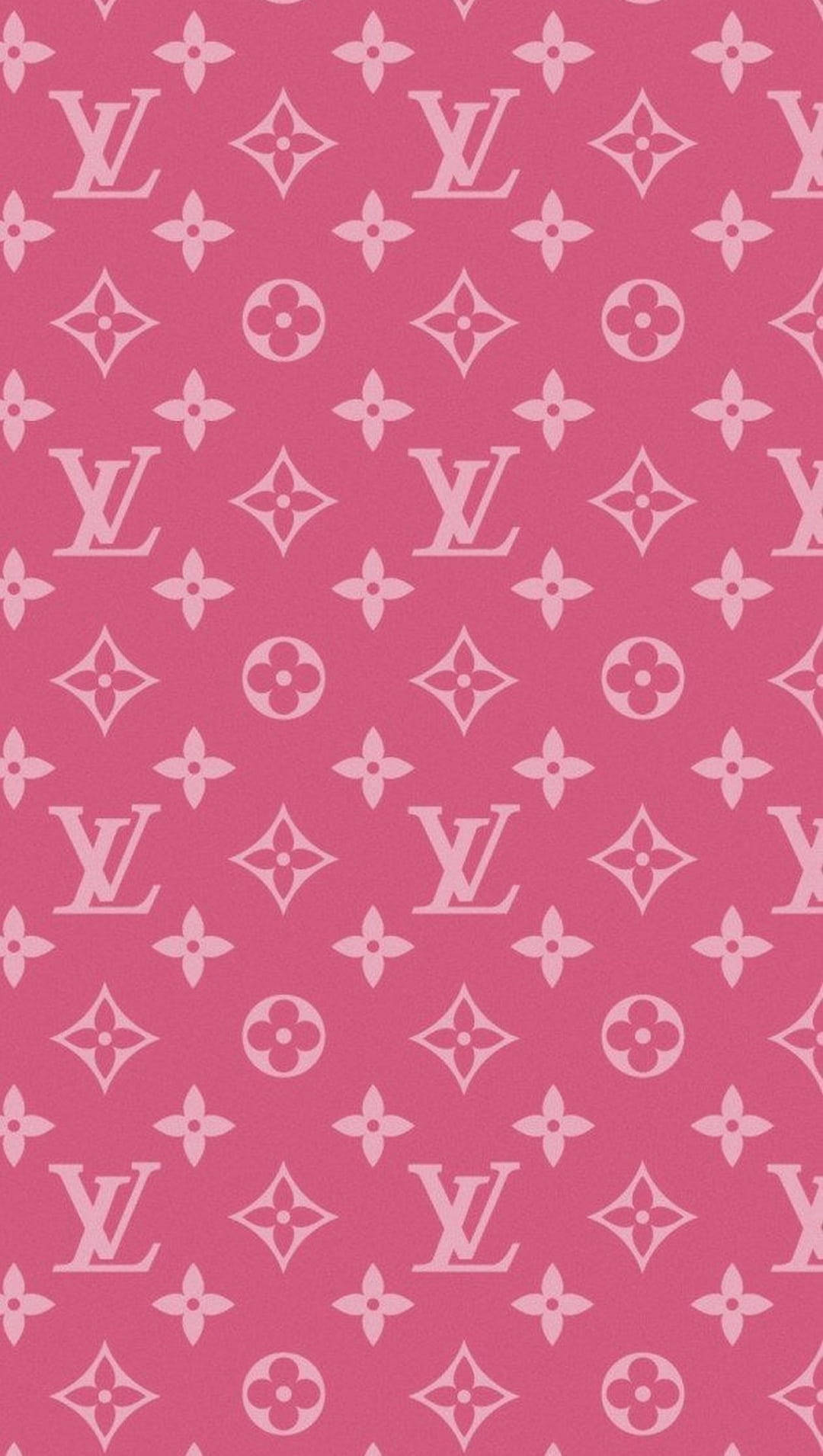 圖案 桌布 壁紙 — 充滿活力的粉紅色牆紙，帶有重複的白色 Louis Vuitton 字母組合和花卉圖案，形成無縫圖案。