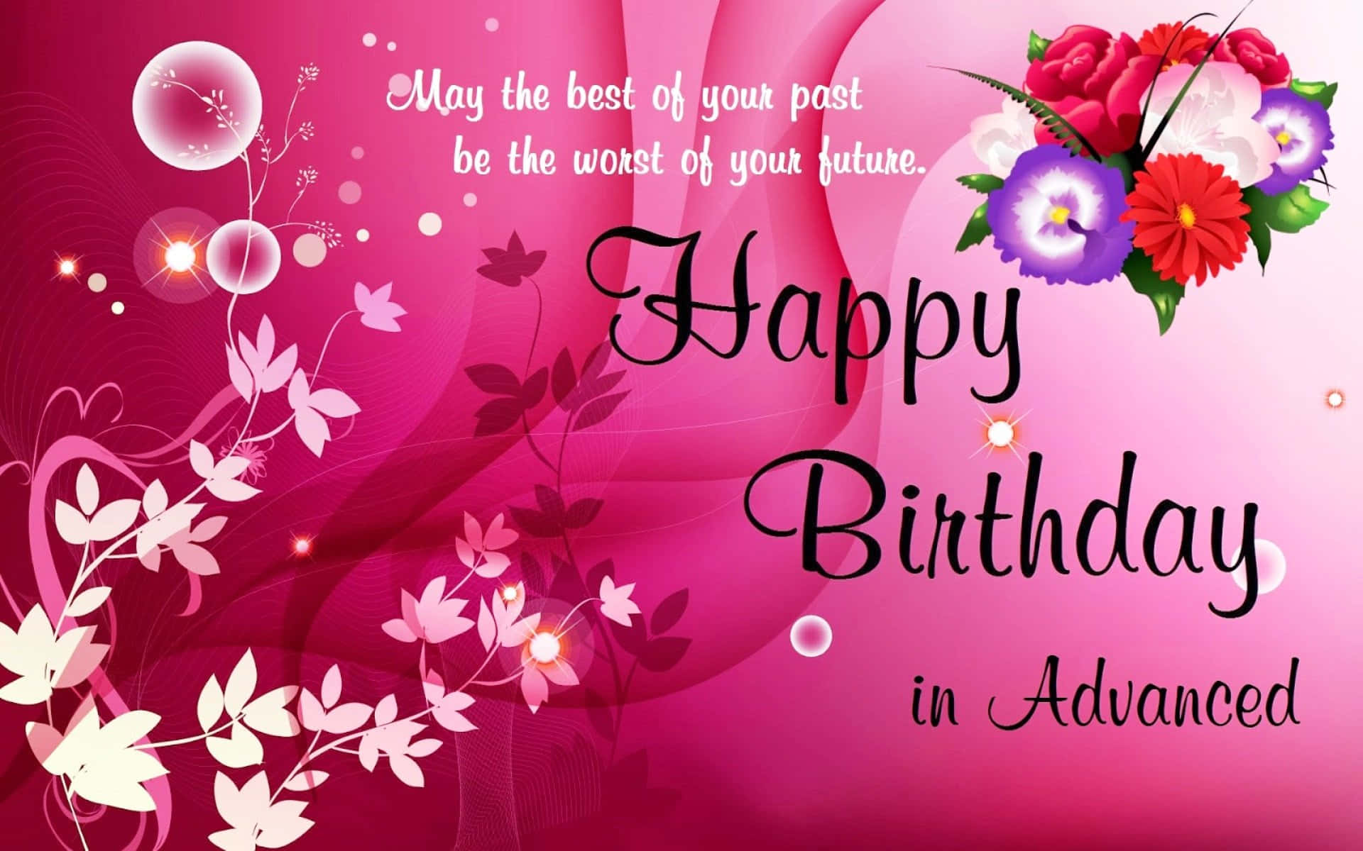 Birthday Wishes 桌布 壁紙 — 充滿活力的粉紅色生日祝福，帶有花卉漩渦、發光的燈光和慶祝文字。