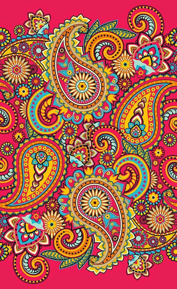 Paisley 桌布 壁紙 — 充滿活力的粉紅色背景，充滿了複雜多彩的佩斯利和花卉圖案，輪廓大膽。
