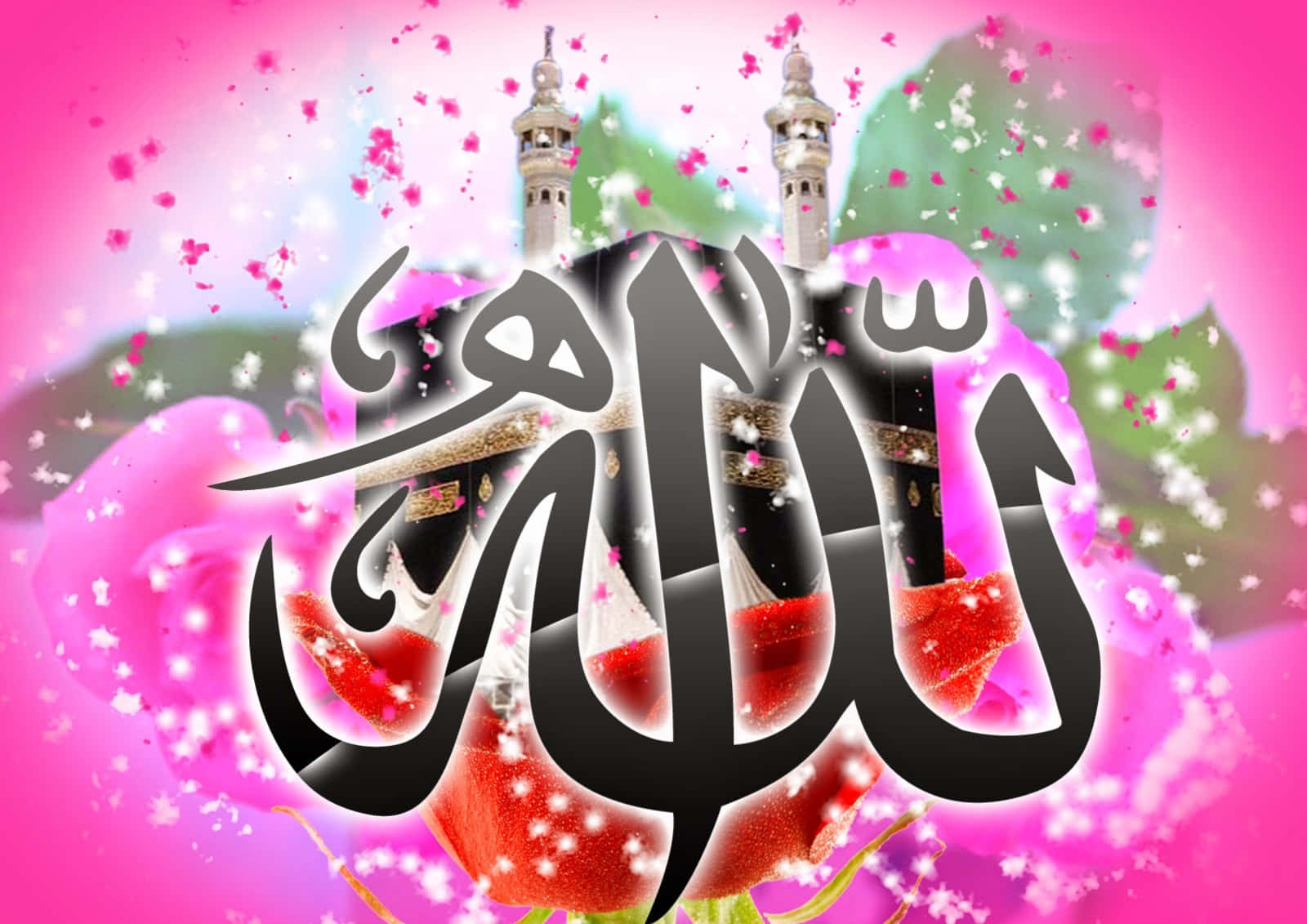 Allah 桌布 壁紙 — 充滿活力的粉紅色背景，漂浮的花瓣框住了清真寺輪廓上方的粗體黑色阿拉伯書法「阿拉」。