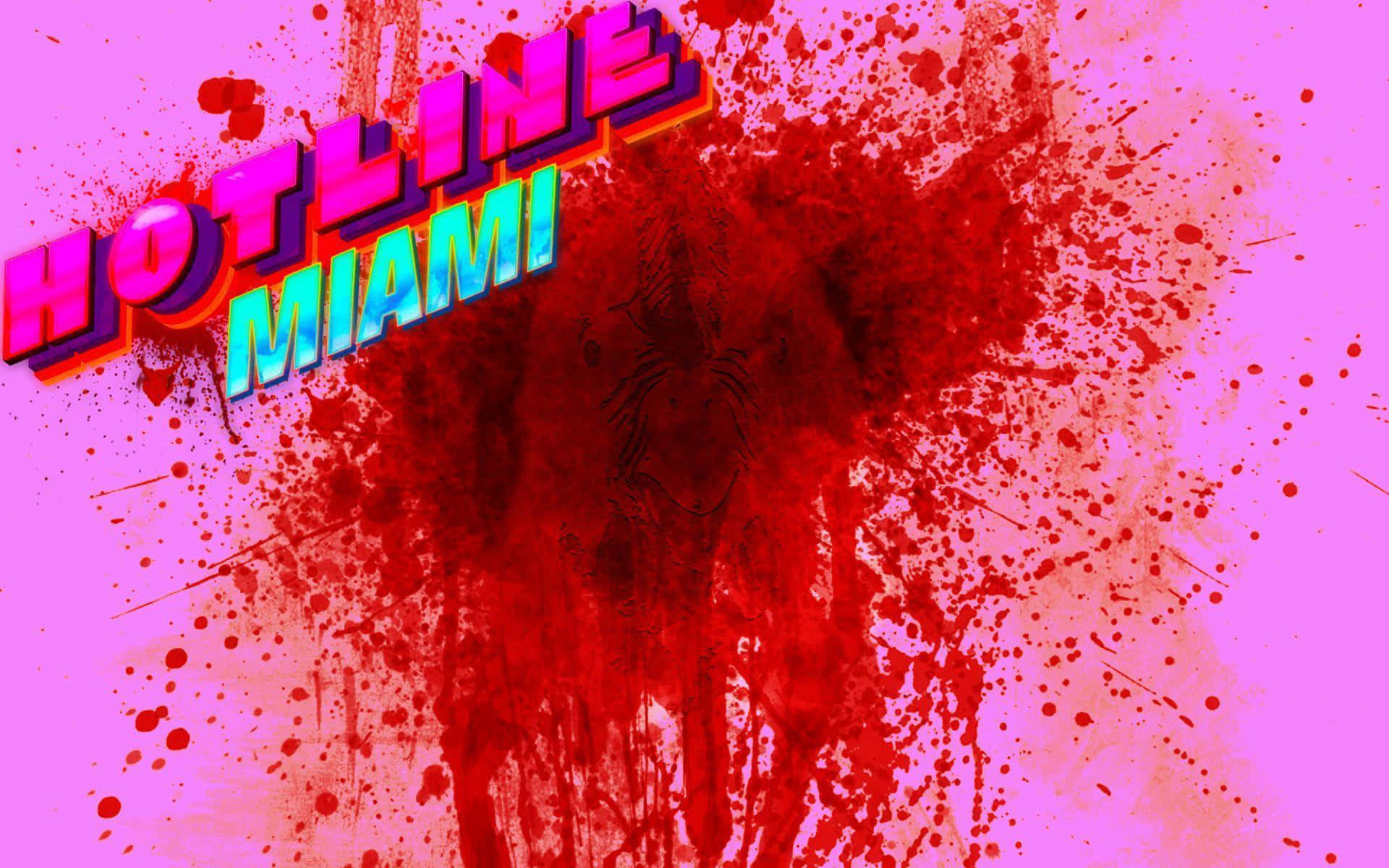 Hotline Miami 桌布 壁紙 — 充滿活力的粉紅色背景，濺滿紅色血跡狀污漬，並有粗體3D文字寫著「HOTLINE MIAMI」。