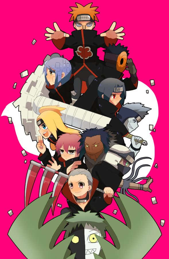 Akatsuki Chibi 桌布 壁紙 — 充滿活力的粉紅色背景展示了一組動態的動漫忍者角色，擺出戰鬥姿勢，手持武器，表情豐富。