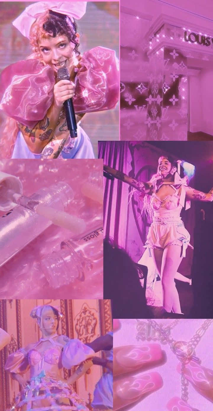 Melanie Martinez 桌布 壁紙 — 充滿活力的粉紅色調拼貼畫， featuring 一位表演者唱歌、奢華品牌室內設計以及閃亮配飾和指甲的特寫。