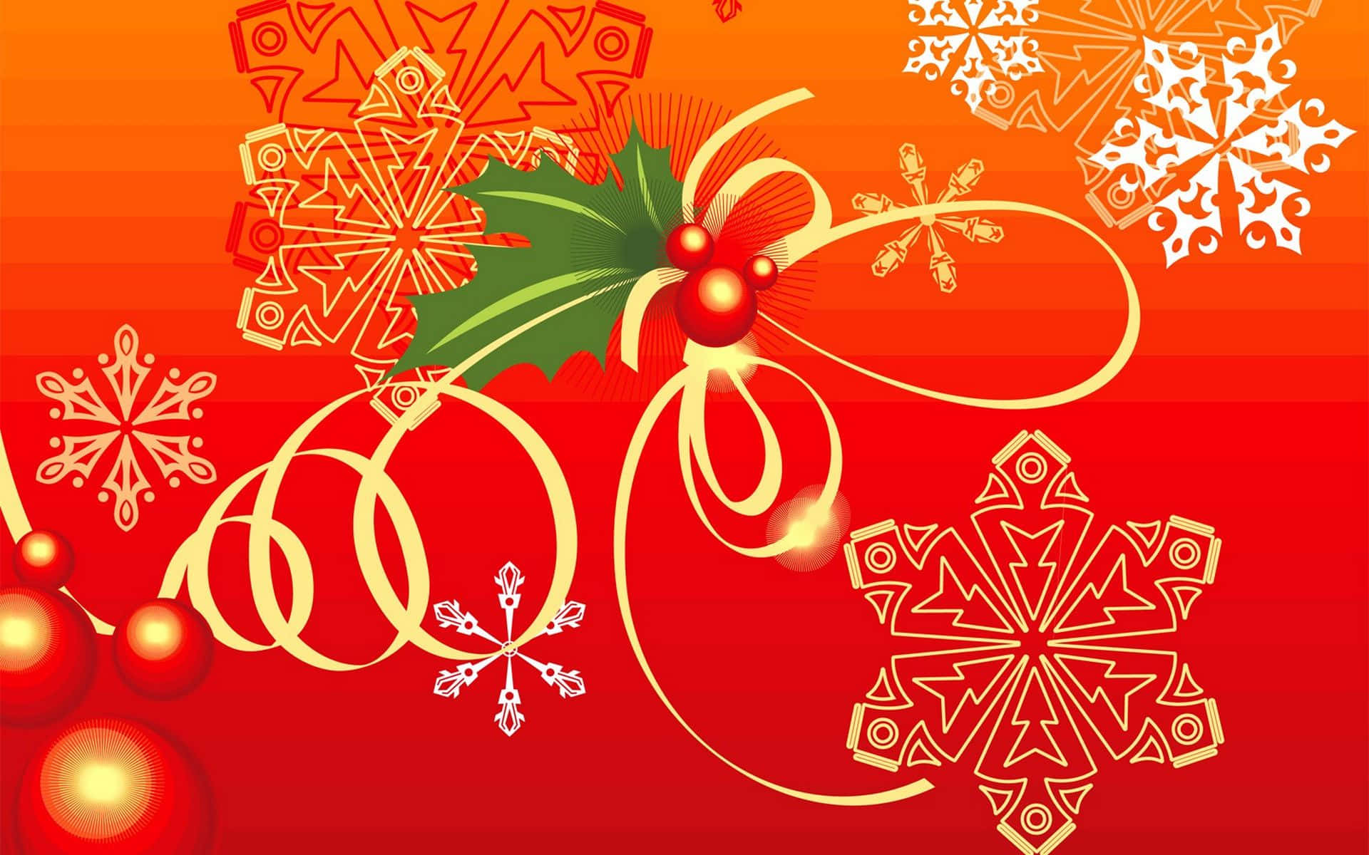 Greetings 桌布 壁紙 — 充滿活力的紅橙色漸變背景，飾以金色雪花、冬青漿果和旋轉絲帶，營造節日歡樂氣氛。