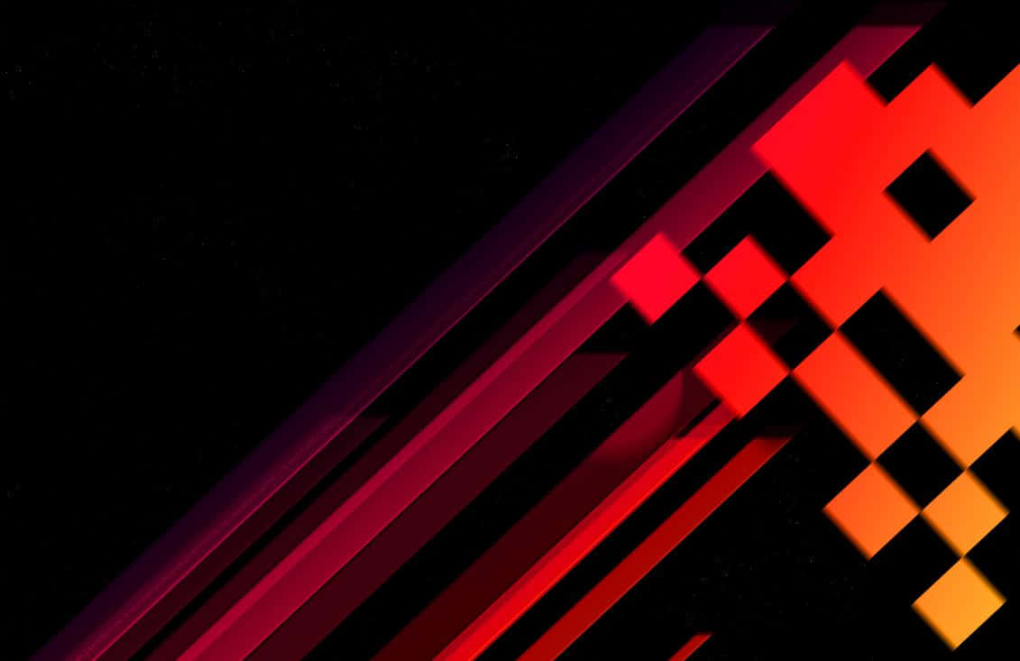 Retro Gaming 桌布 壁紙 — 充滿活力的紅色和橙色像素化幾何形狀在星光點點的黑色背景上對角線延伸。