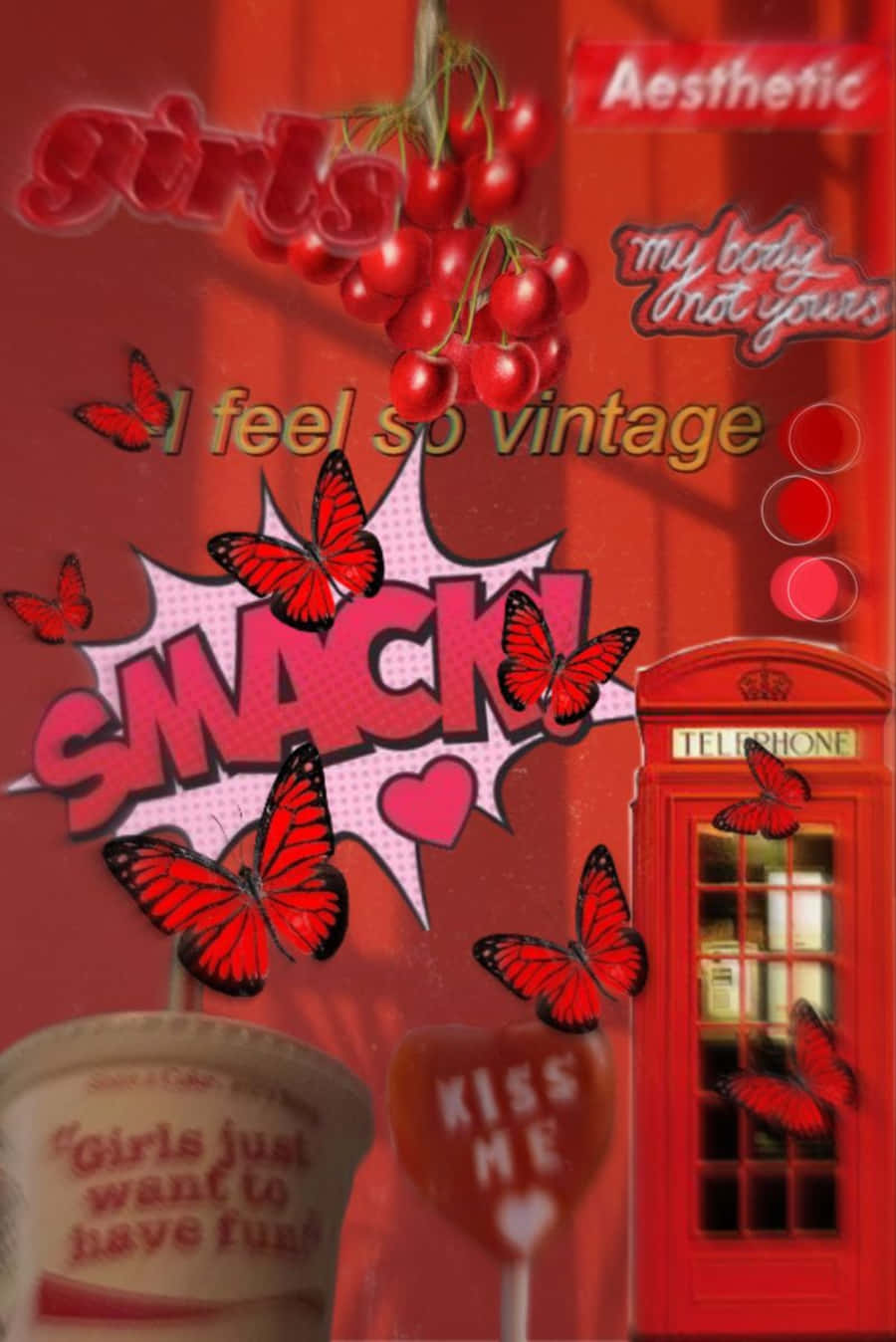 Baddie Vintage 90's Aesthetic 桌布 壁紙 — 充滿活力的紅色壁紙拼貼畫，以櫻桃簇、蝴蝶和帶有復古文字疊加的復古電話亭為特色。