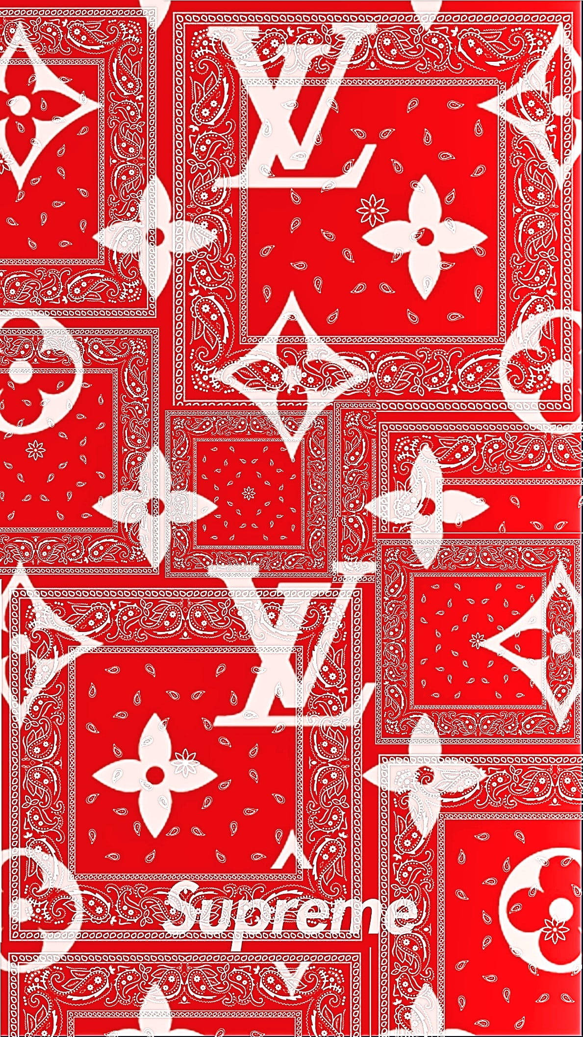 路易威登 桌布 壁紙 — 充滿活力的紅色牆紙，帶有重複的白色 Louis Vuitton 字母組合和 Supreme 標誌，形成大膽對比。