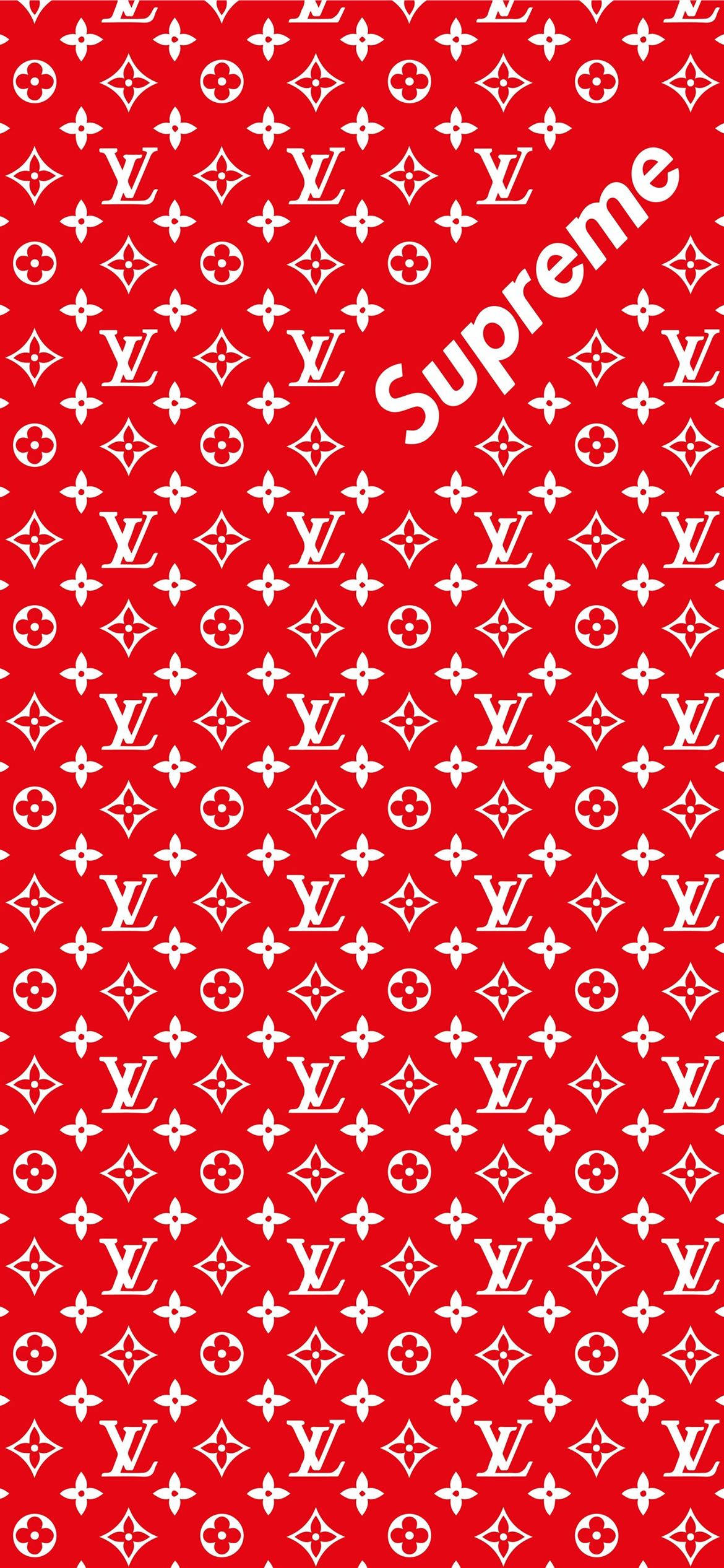 supreme 桌布 壁紙 — 充滿活力的紅色牆紙，帶有重複的白色 Louis Vuitton 字母組合圖案和對角 Supreme 標誌。