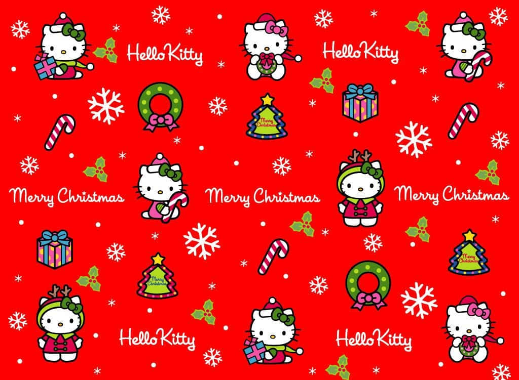 Hello Kitty Christmas 桌布 壁紙 — 充滿活力的紅色牆紙，重複出現穿著節日聖誕服裝的Hello Kitty，配有雪花、拐杖糖和花環。