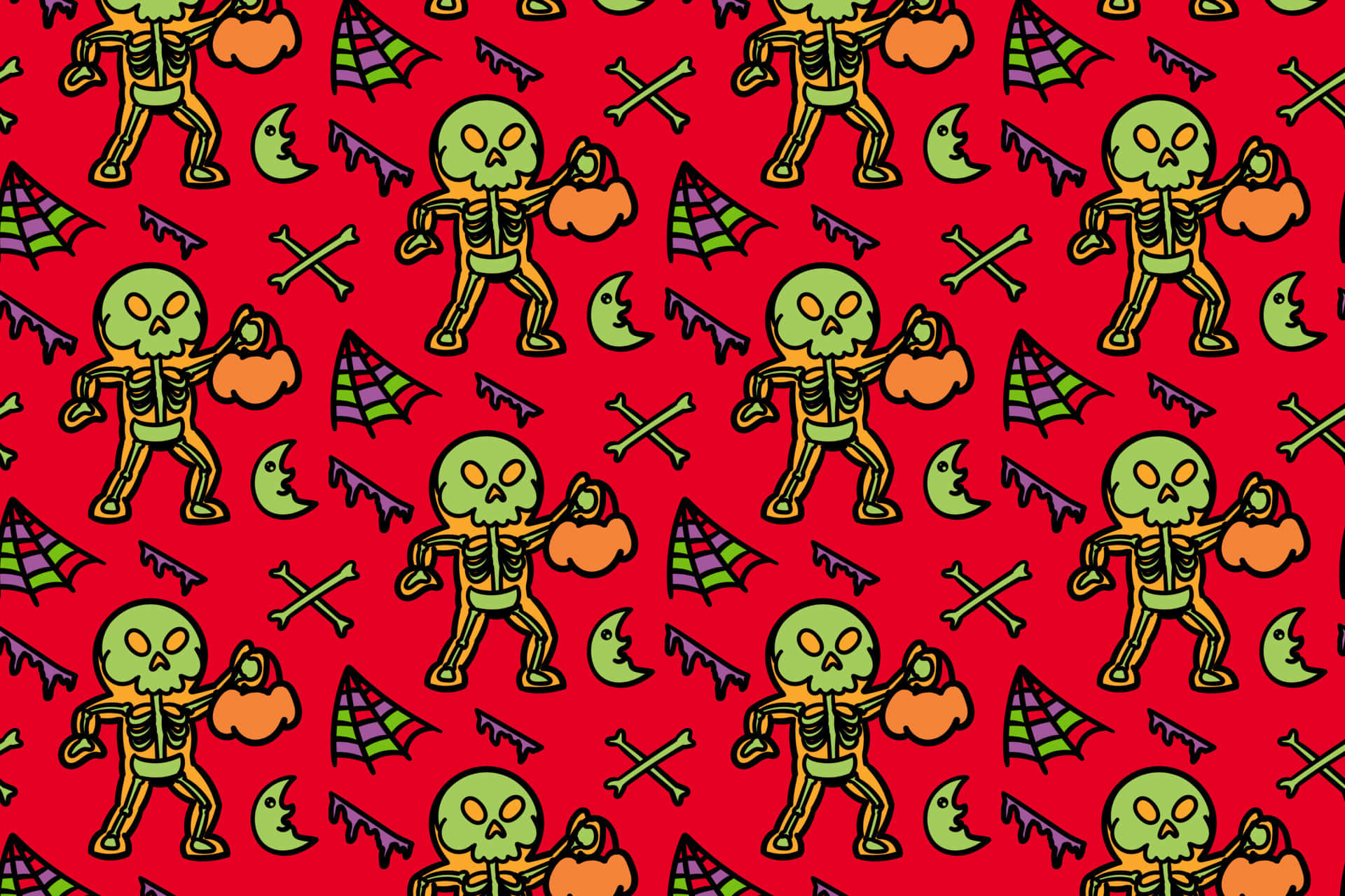Skeleton Costumes 桌布 壁紙 — 充滿活力的紅色牆紙圖案，綠色卡通骷髏拿著南瓜，蝙蝠和十字架散落在各處。