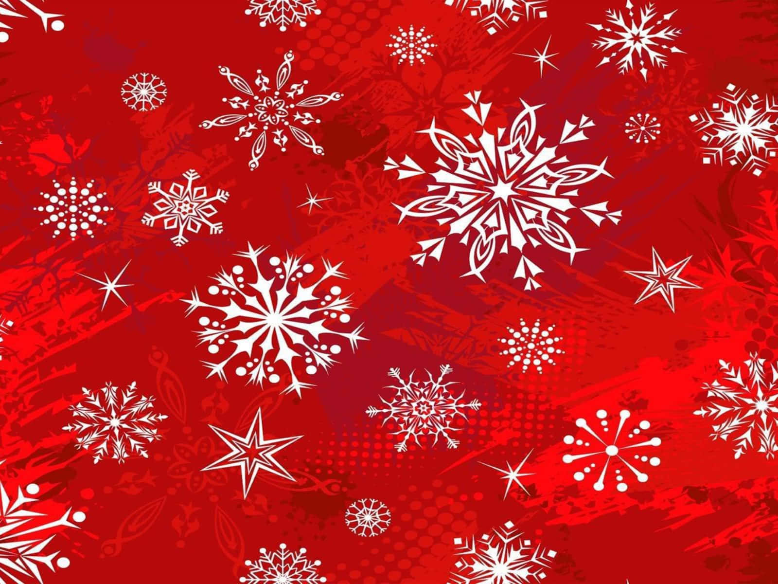 3d Christmas 桌布 壁紙 — 充滿活力的紅色背景，飾有精緻的白色雪花和星爆，呈現節日圖案。