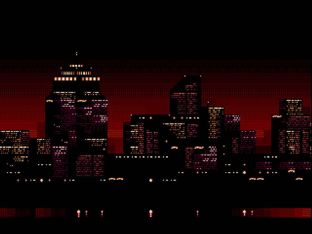 像素藝術城市夜景，發光窗戶和紅色天空
