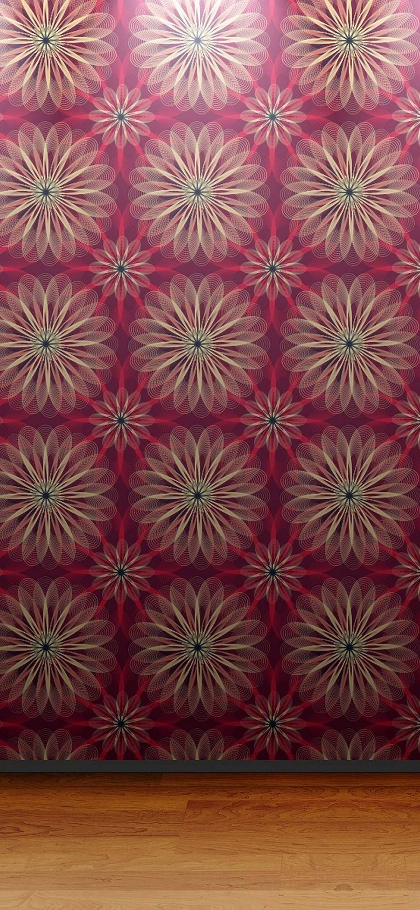花卉動畫 桌布 壁紙 — 充滿活力的紅金色幾何花卉圖案壁紙，帶有精細的線條藝術細節。