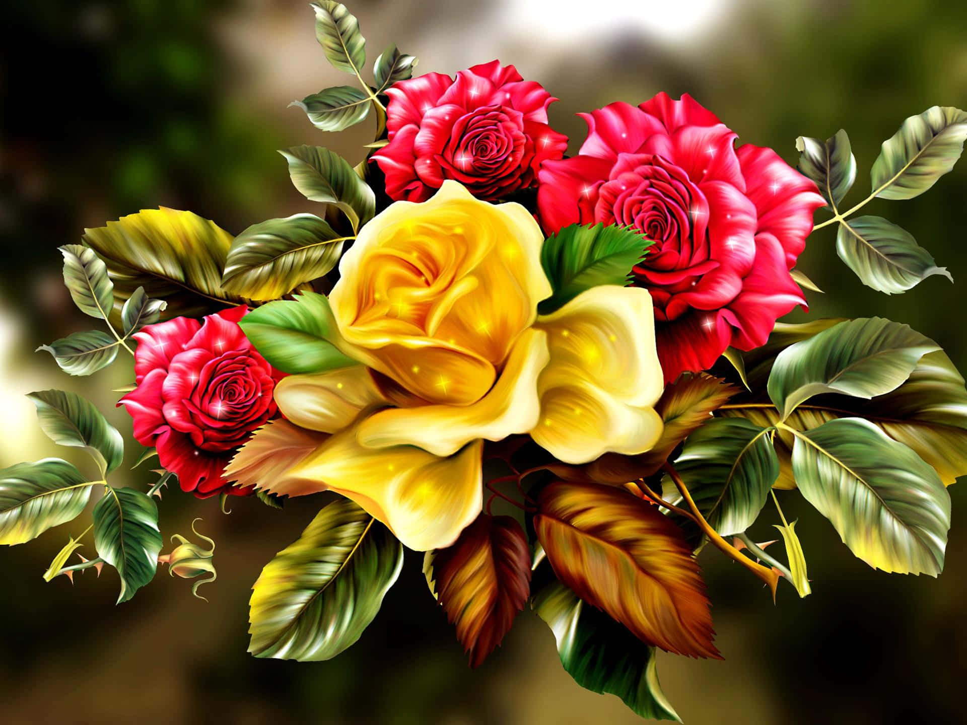 Rose Art 桌布 壁紙 — 充滿活力的紅黃玫瑰束，搭配茂盛綠葉，背景柔和虛化。