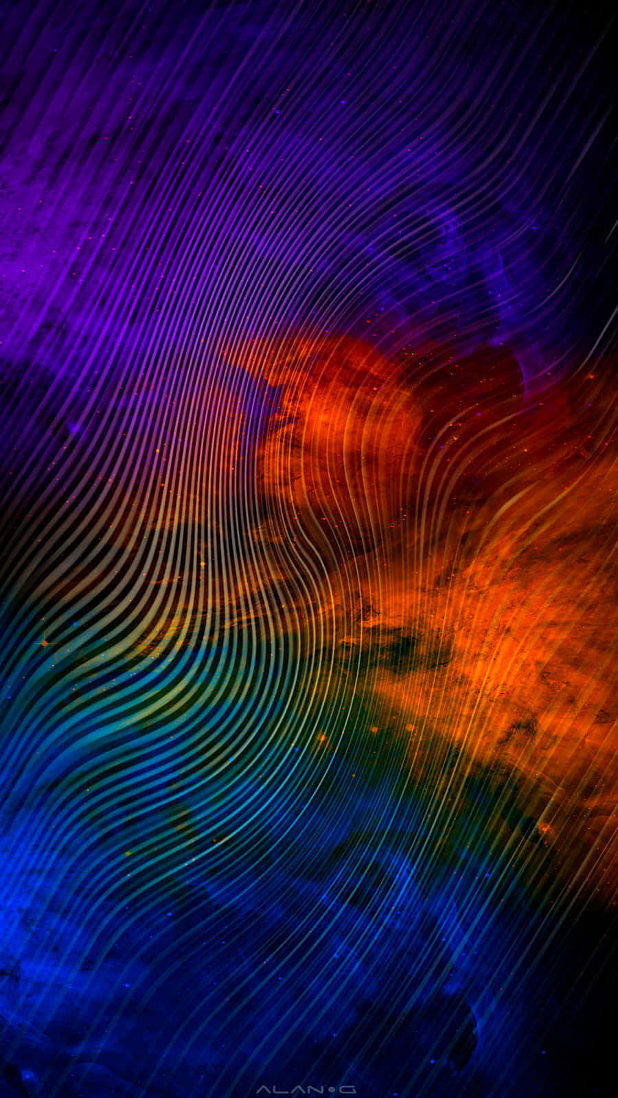 Color Phone 桌布 壁紙 — 充滿活力的紫色、橙色和藍色宇宙漩渦，帶有發光的線條，創造出動態的抽象太空場景。