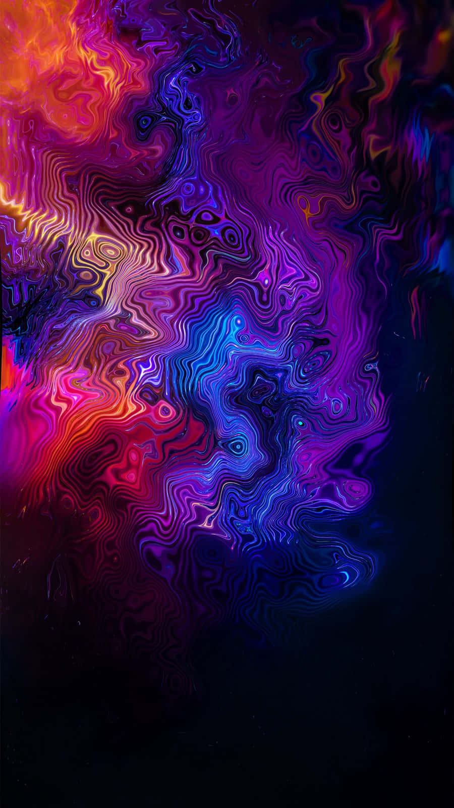 Color Phone 桌布 壁紙 — 充滿活力的紫色、藍色和橙色霓虹波浪在深色背景上動態旋轉。