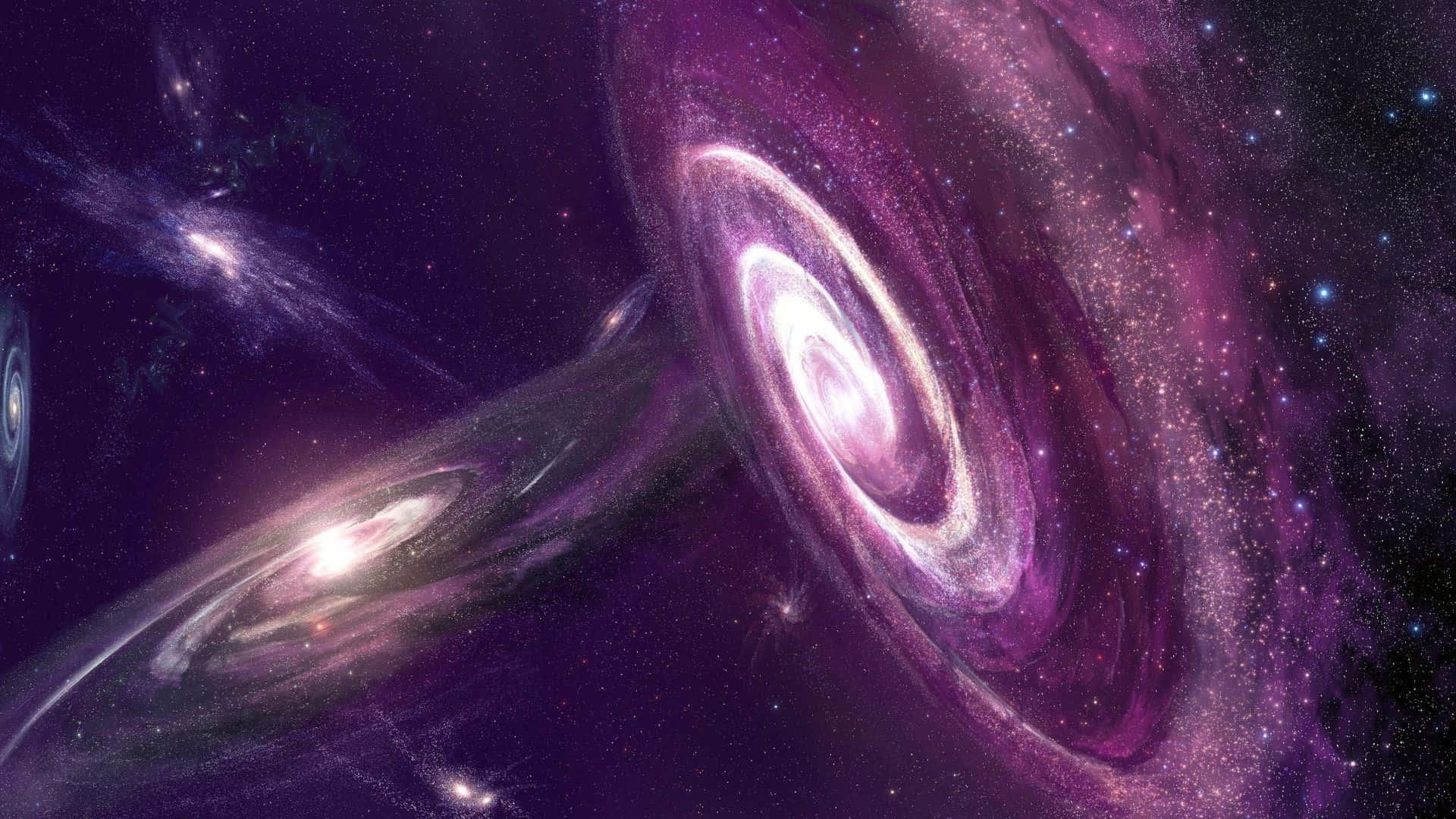 Universe 桌布 壁紙 — 充滿活力的紫色和粉紅色螺旋星系在繁星點點的宇宙背景下旋轉，呈現出令人嘆為觀止的太空景觀。