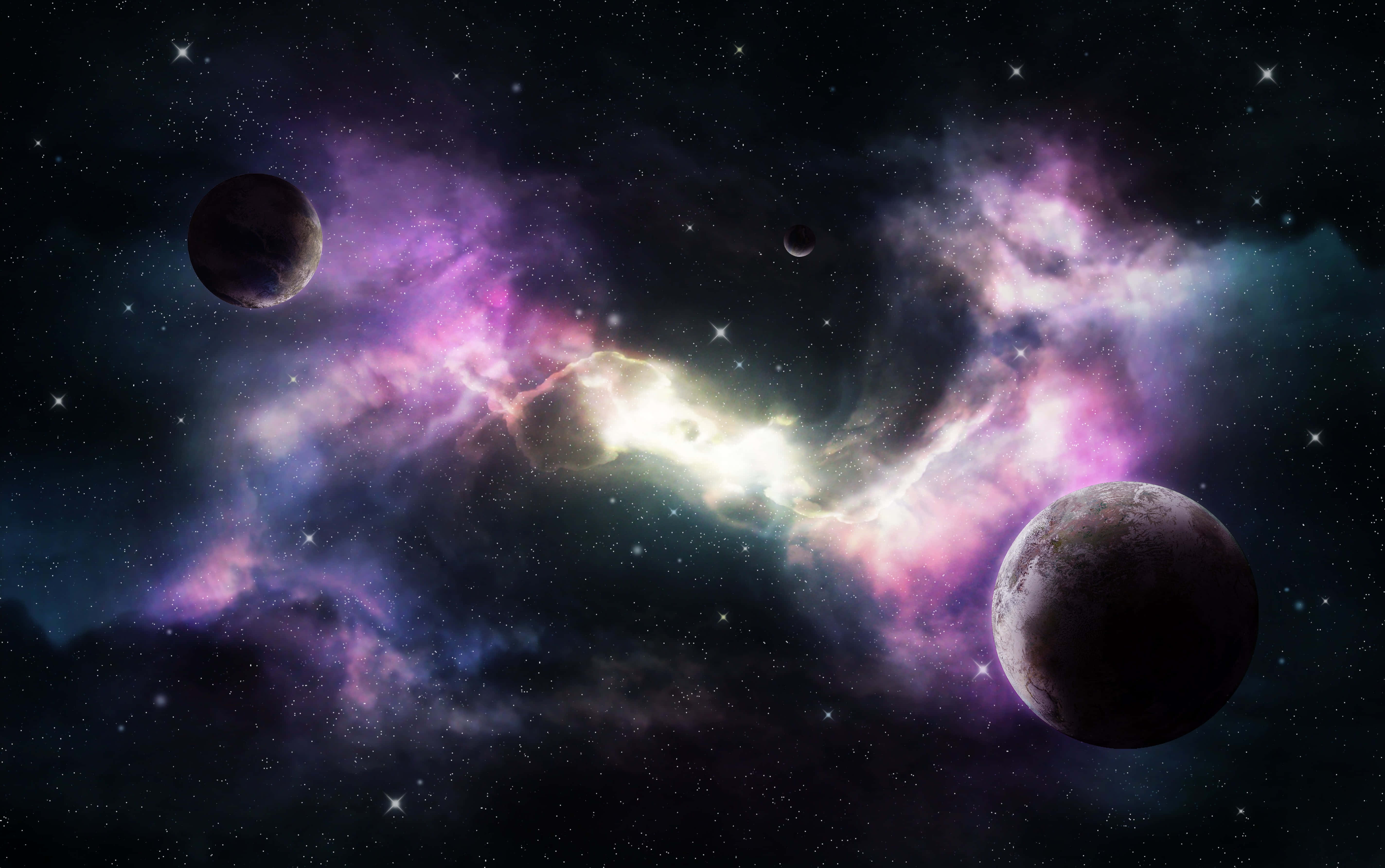 Galaxy Themed Paintings 桌布 壁紙 — 充滿活力的紫色和藍色星雲在黑暗行星之間發光，映襯著繁星點點的宇宙背景。
