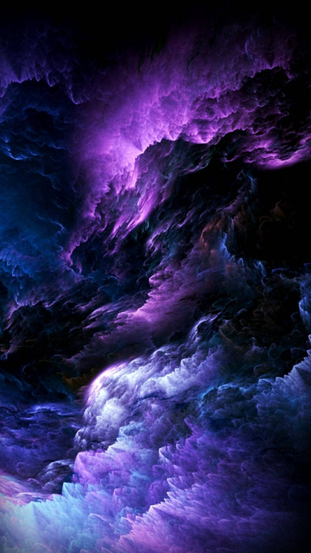 iPhone 桌布 壁紙 — 充滿活力的紫色和藍色星雲雲團在深邃的黑色宇宙虛空中戲劇性地旋轉。